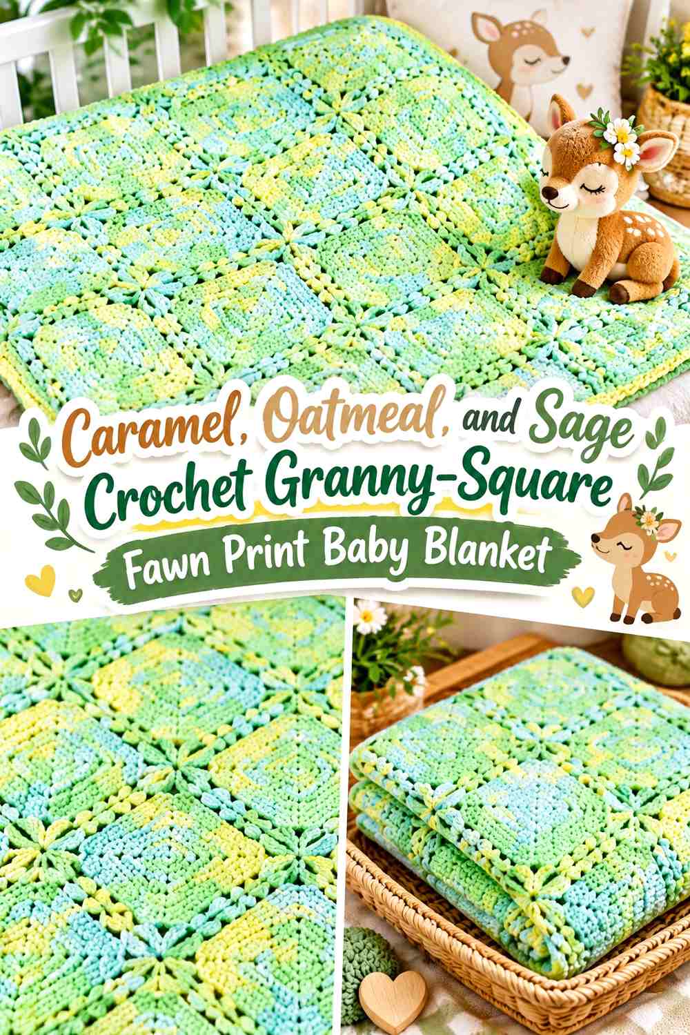 Caramel, Oatmeal, and Sage Crochet Granny-Square Fawn Print Baby Blanket