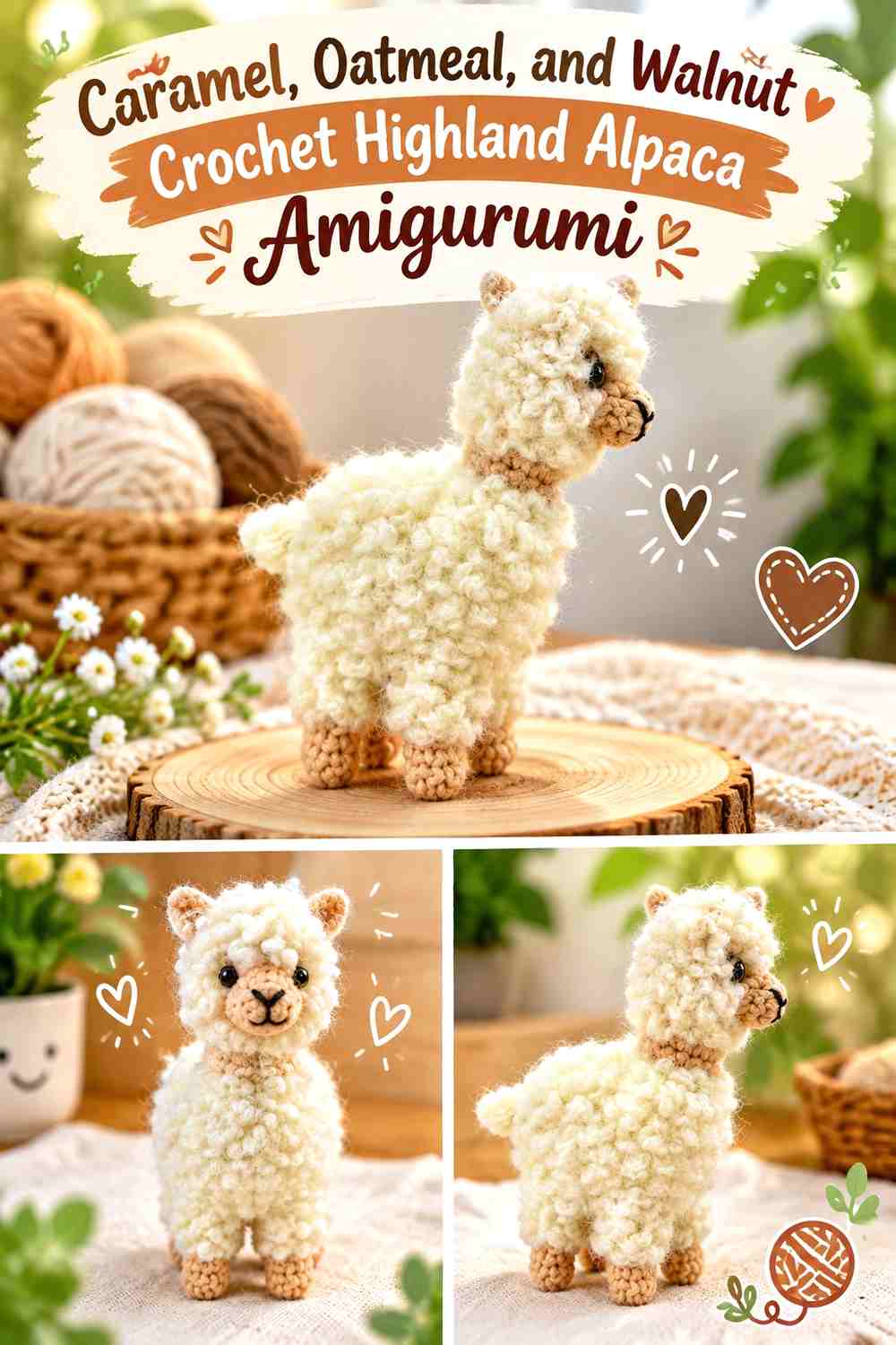 Caramel, Oatmeal, and Walnut Crochet Highland Alpaca Amigurumi
