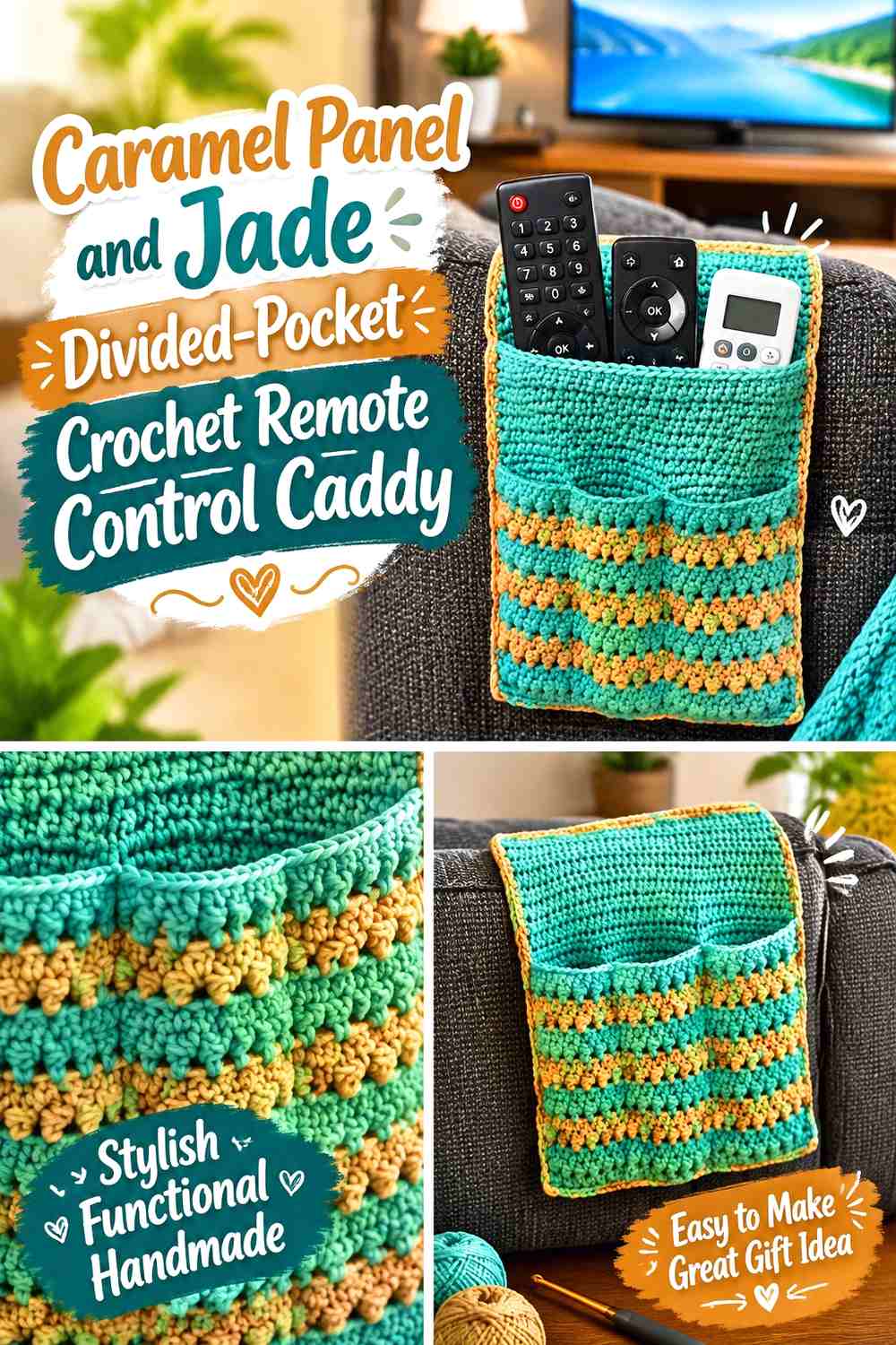 2. Caramel Panel And Jade Divided Pocket Crochet Remote Control Caddy