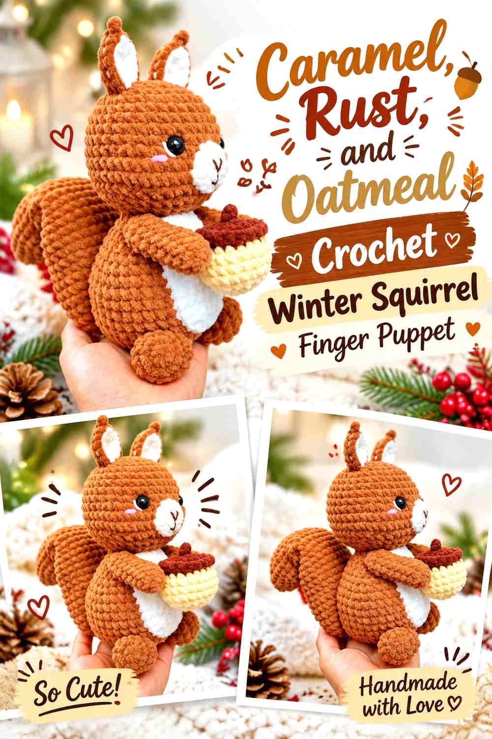 Caramel, Rust, and Oatmeal Crochet Winter Squirrel Finger Puppet