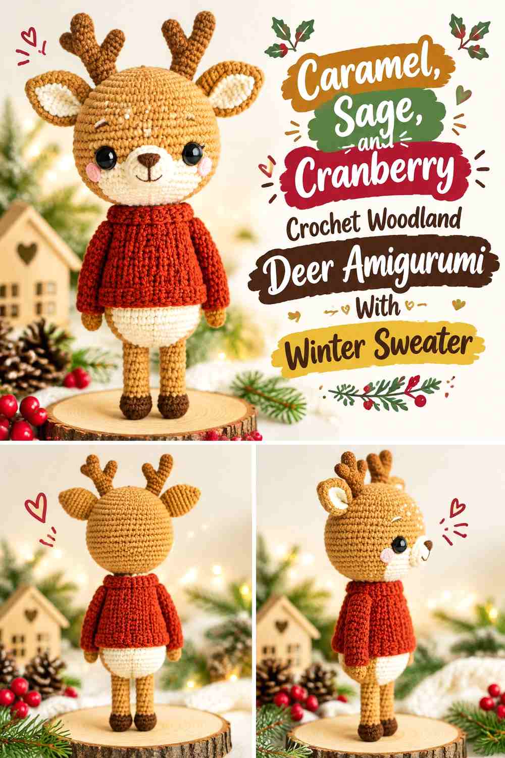 Caramel, Sage, and Cranberry Crochet Woodland Deer Amigurumi With Winter Sweater