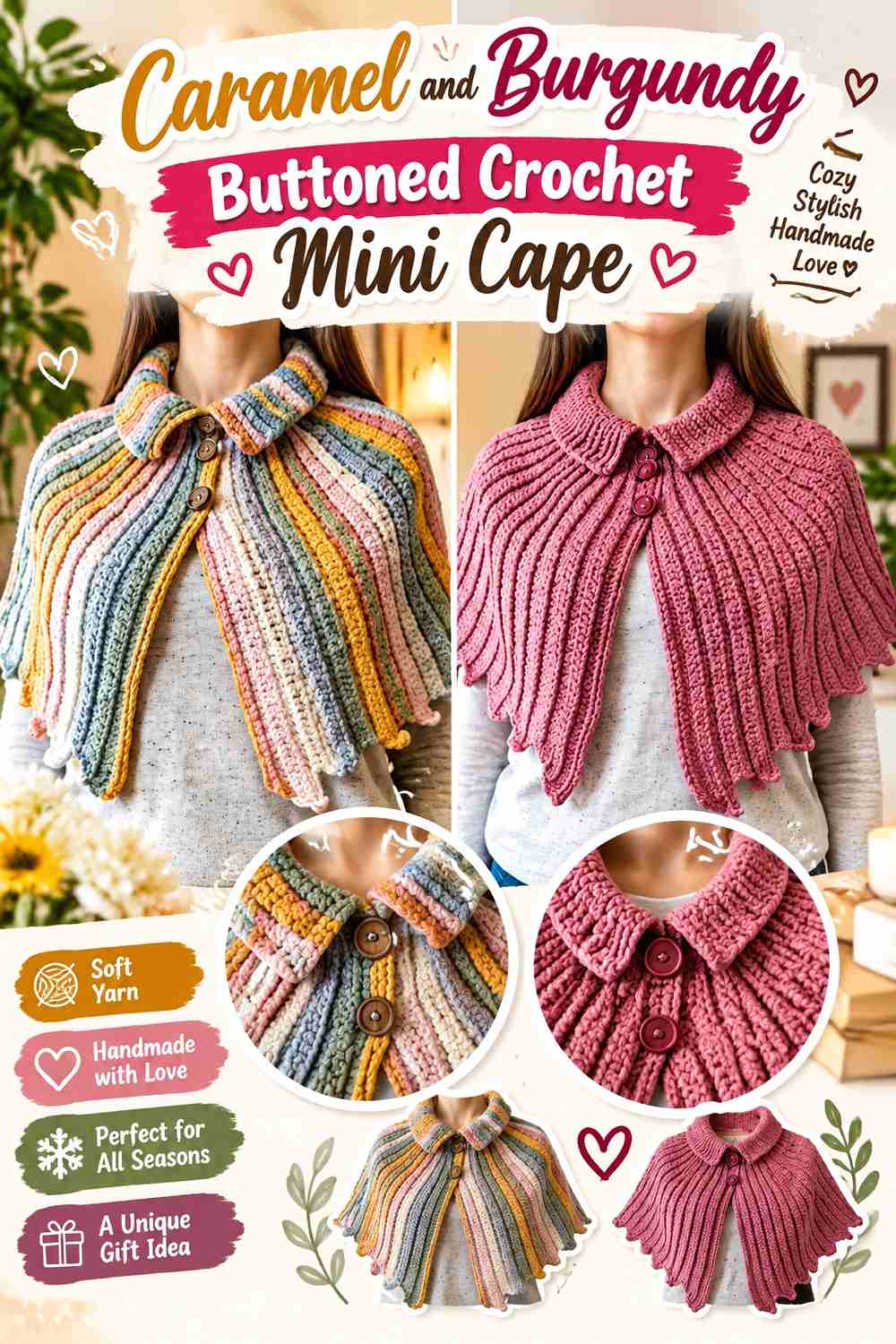 2. Caramel And Burgundy Buttoned Crochet Mini Cape