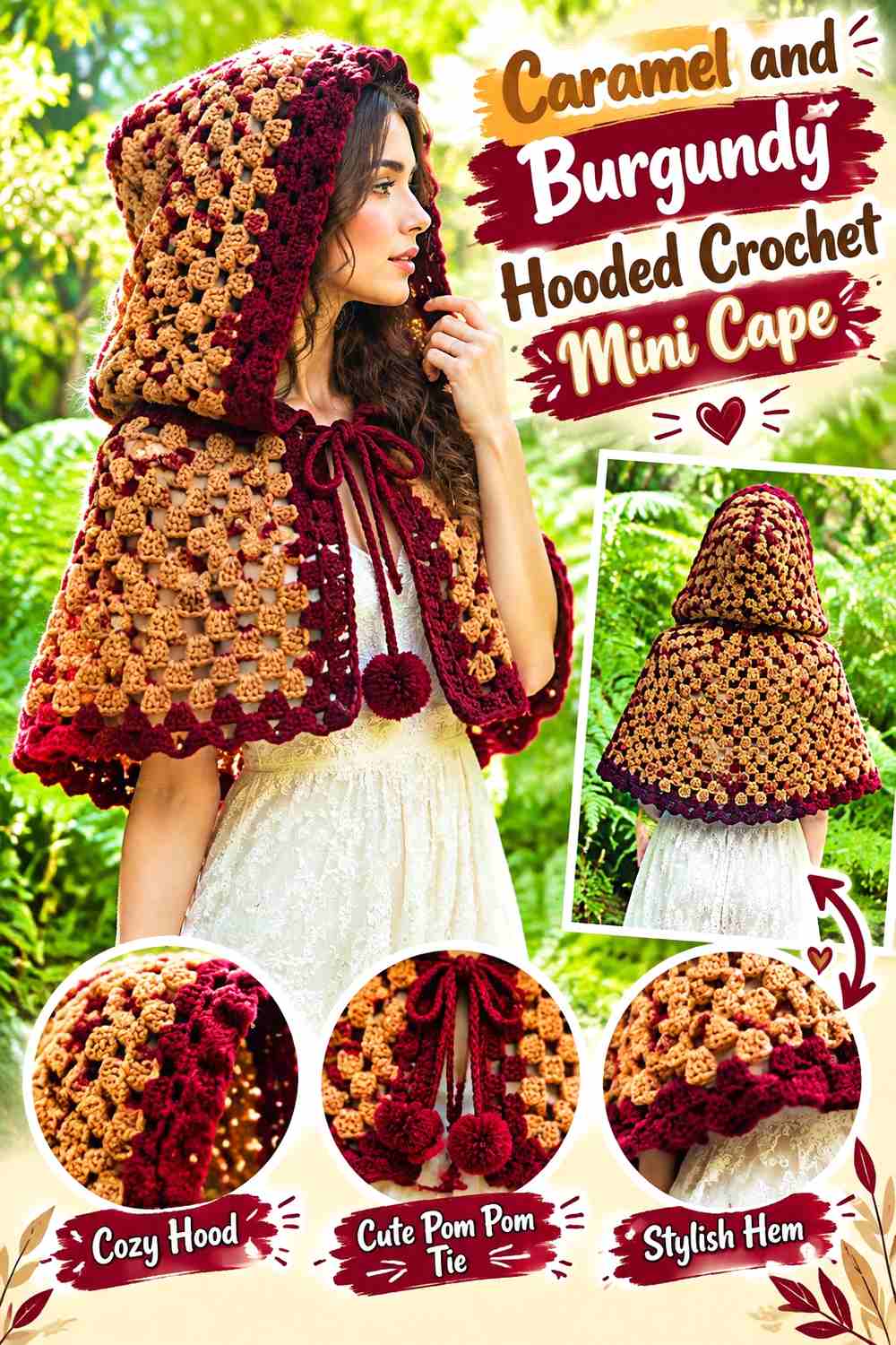 5. Caramel And Burgundy Hooded Crochet Mini Cape