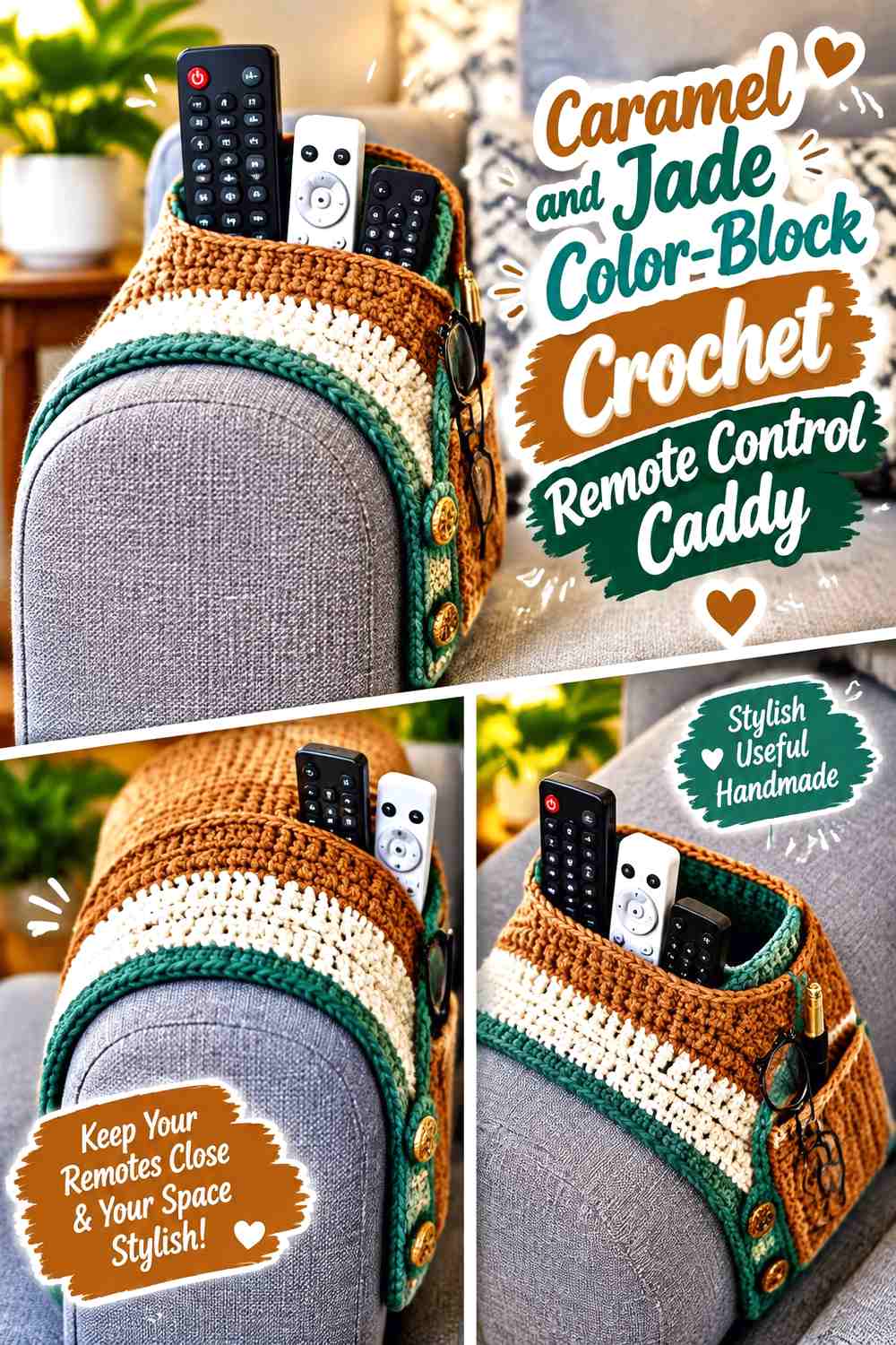 10. Caramel And Jade Color Block Crochet Remote Control Caddy