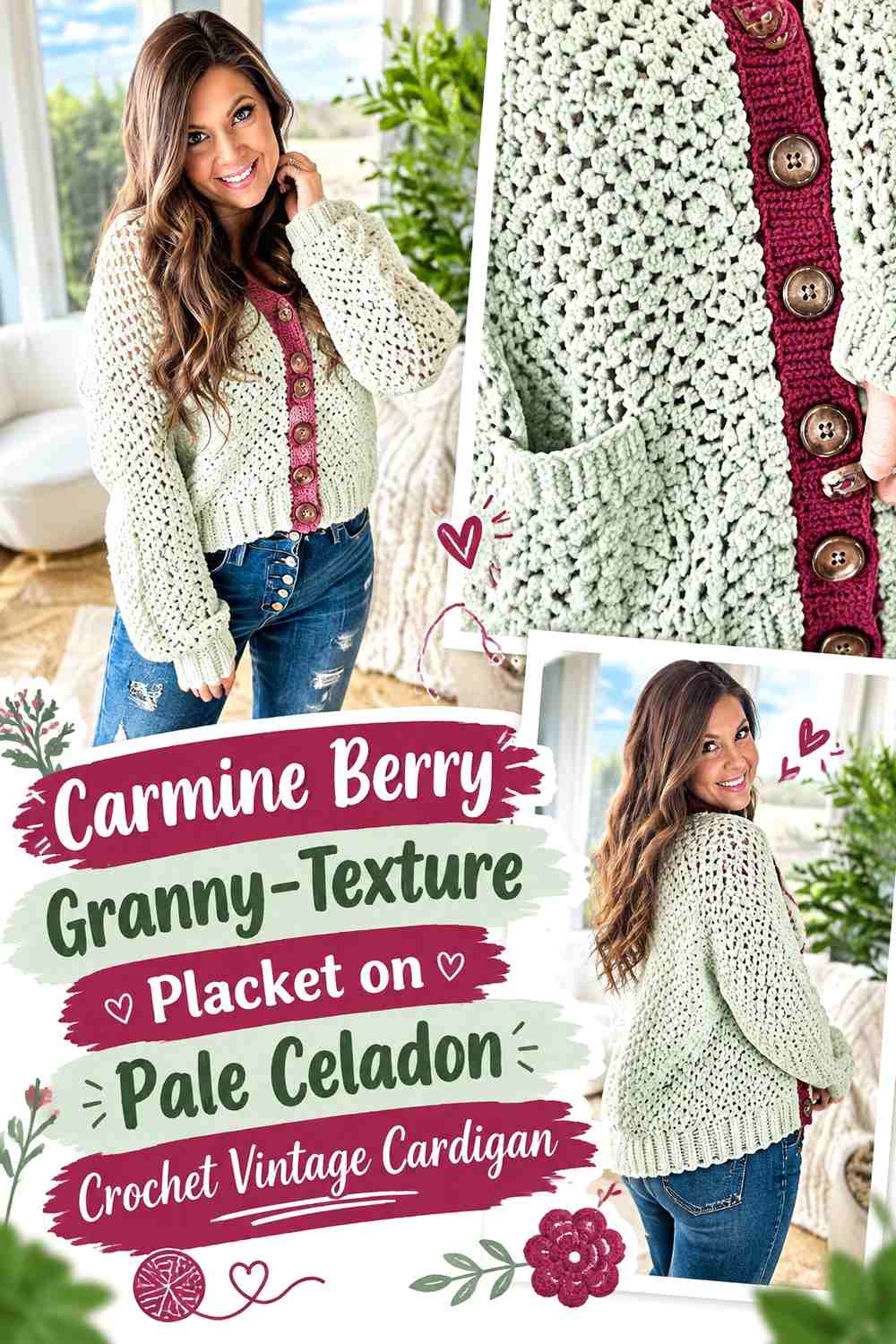 Carmine Berry Granny-Texture Placket on Pale Celadon Crochet Vintage Cardigan
