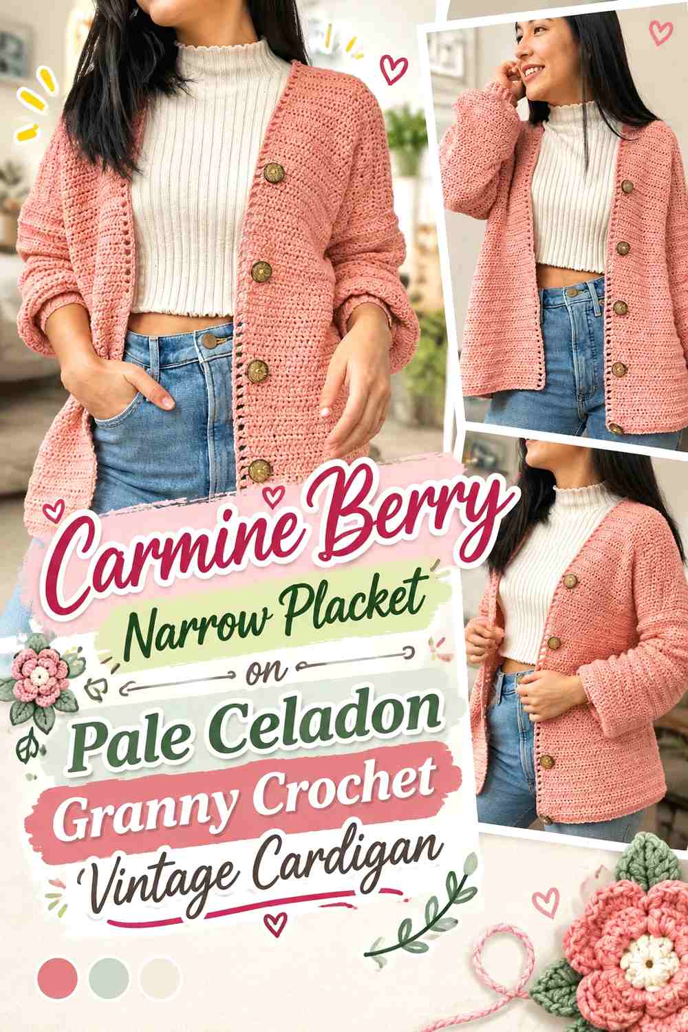 Carmine Berry Narrow Placket on Pale Celadon Granny Crochet Vintage Cardigan