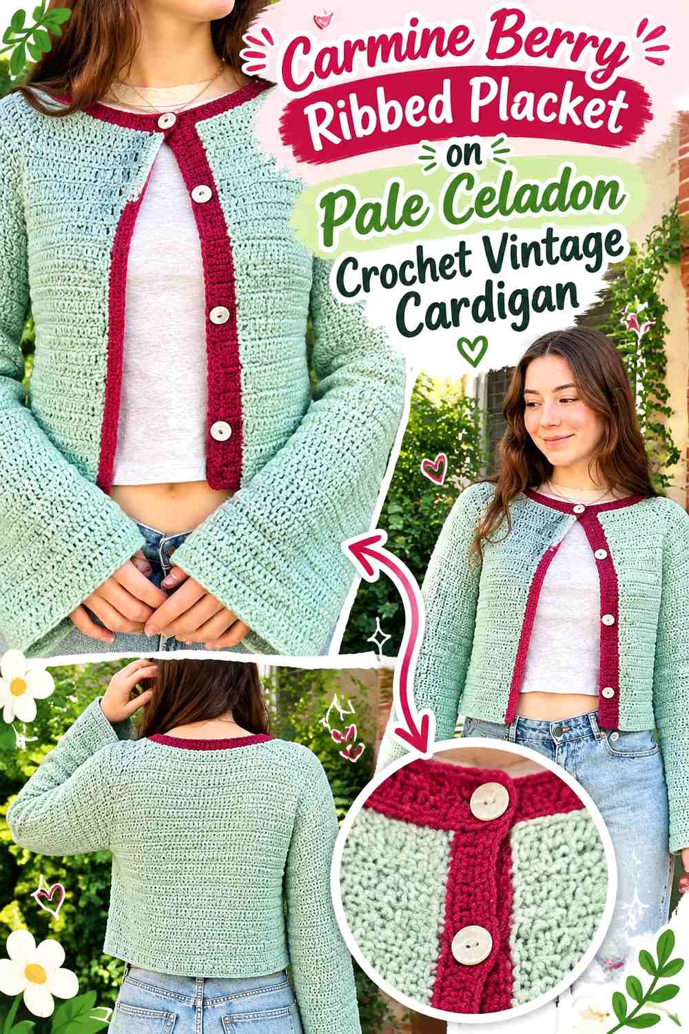 Carmine Berry Ribbed Placket on Pale Celadon Crochet Vintage Cardigan