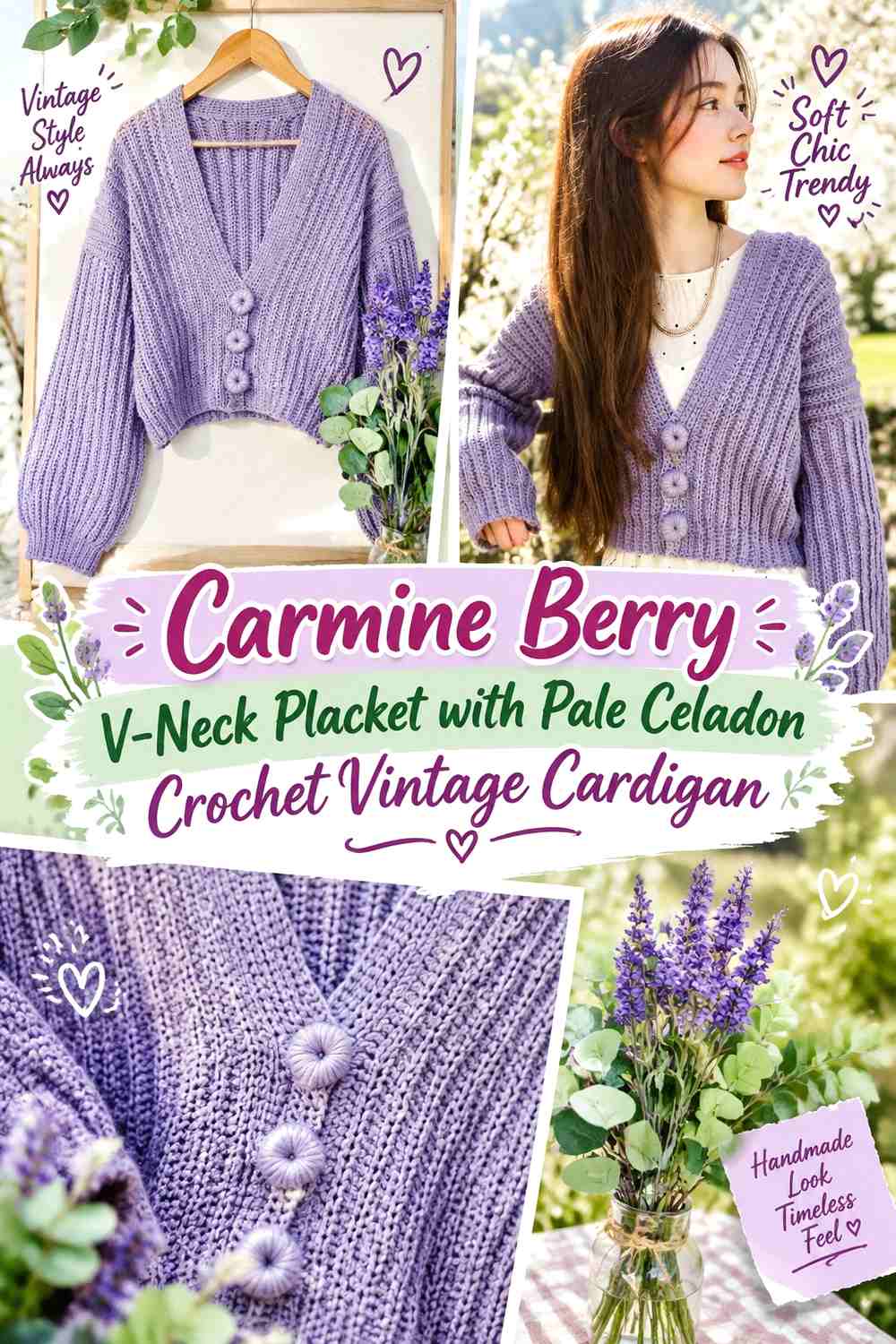 Carmine Berry V-Neck Placket with Pale Celadon Crochet Vintage Cardigan