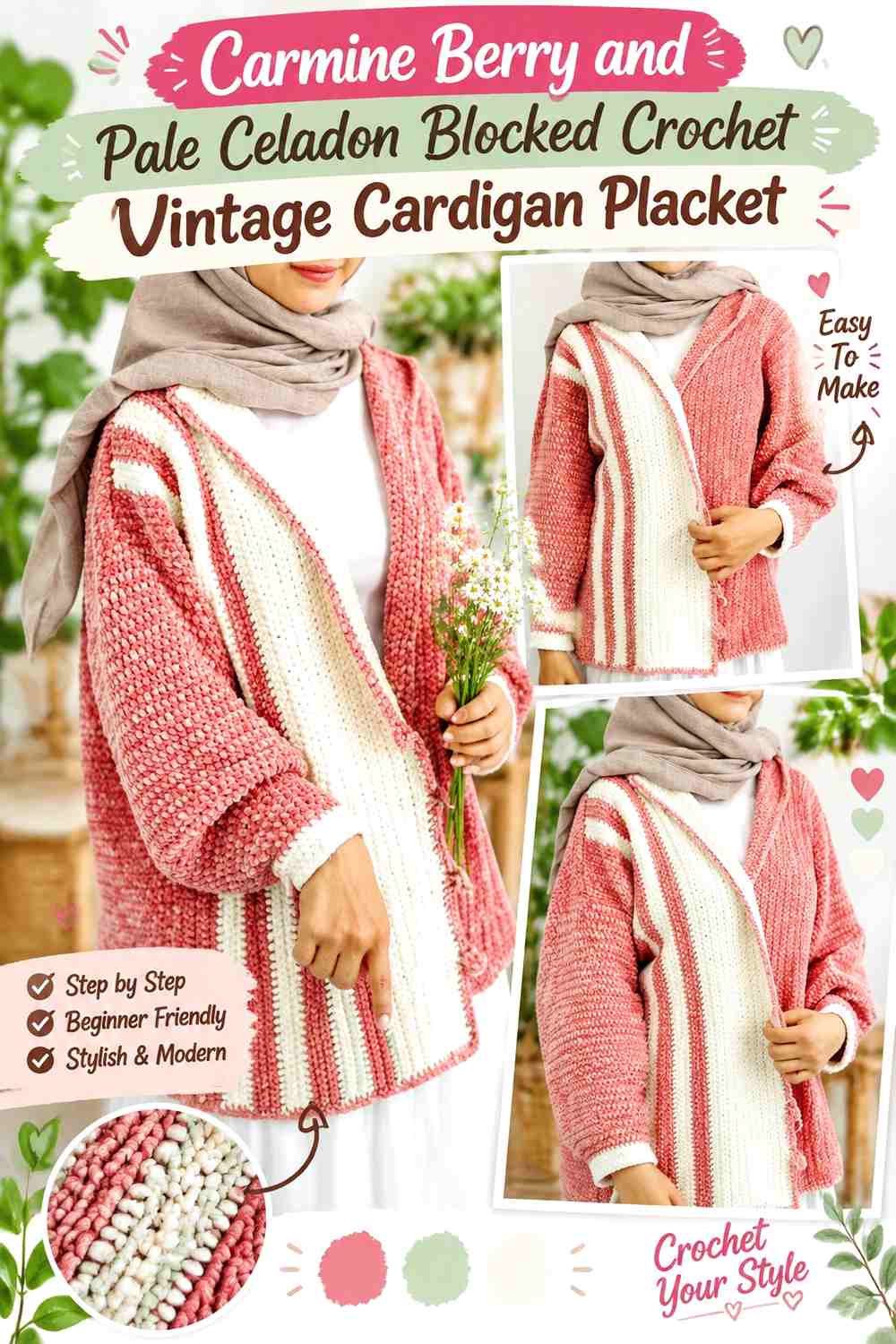 Carmine Berry and Pale Celadon Blocked Crochet Vintage Cardigan Placket