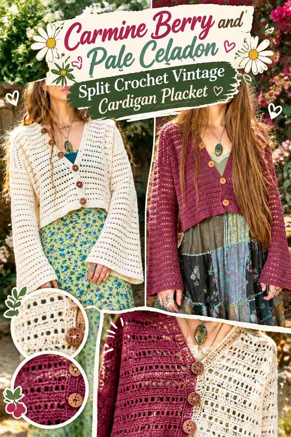 Carmine Berry and Pale Celadon Split Crochet Vintage Cardigan Placket