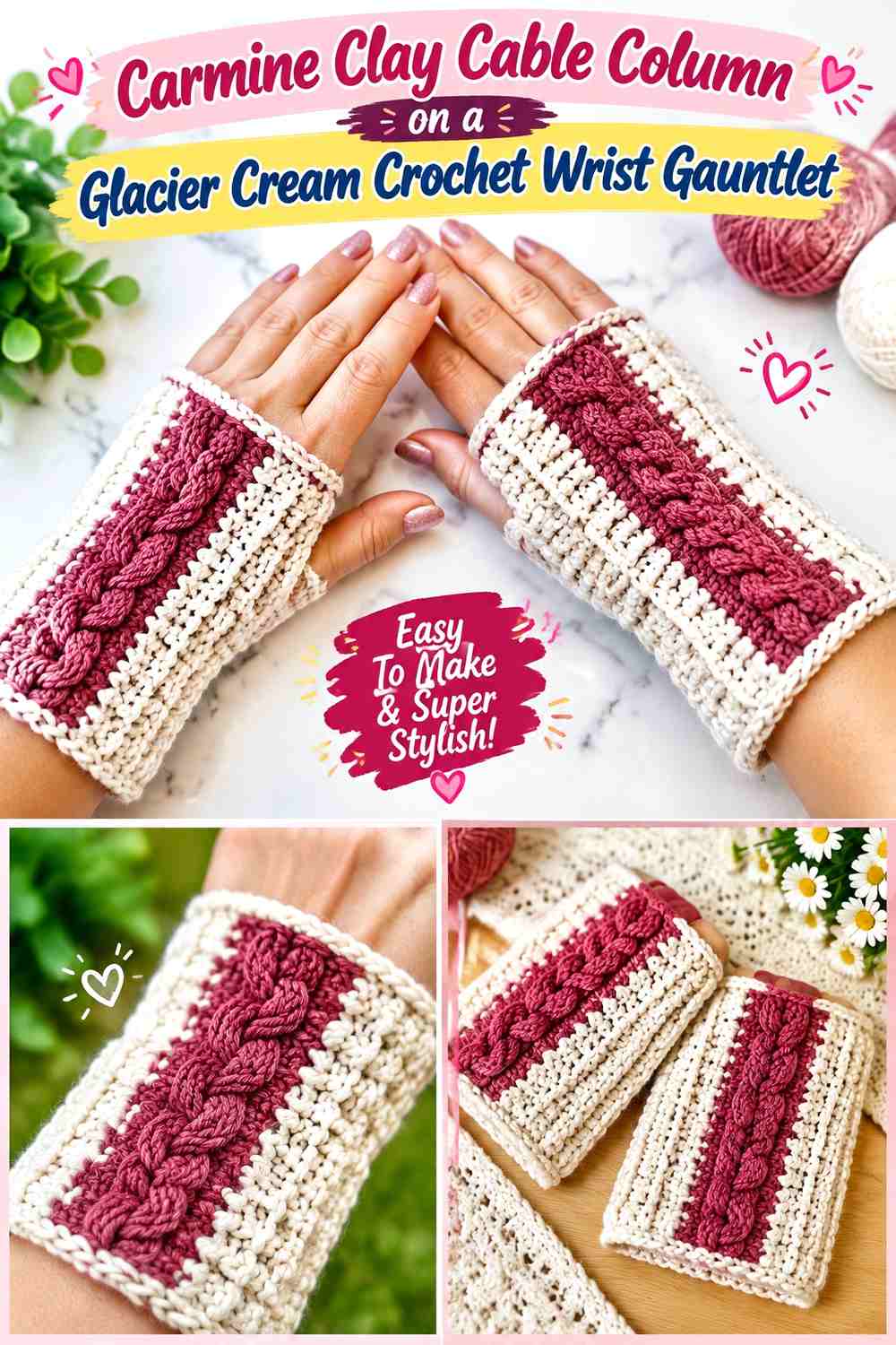 Carmine Clay Cable Column on a Glacier Cream Crochet Wrist Gauntlet
