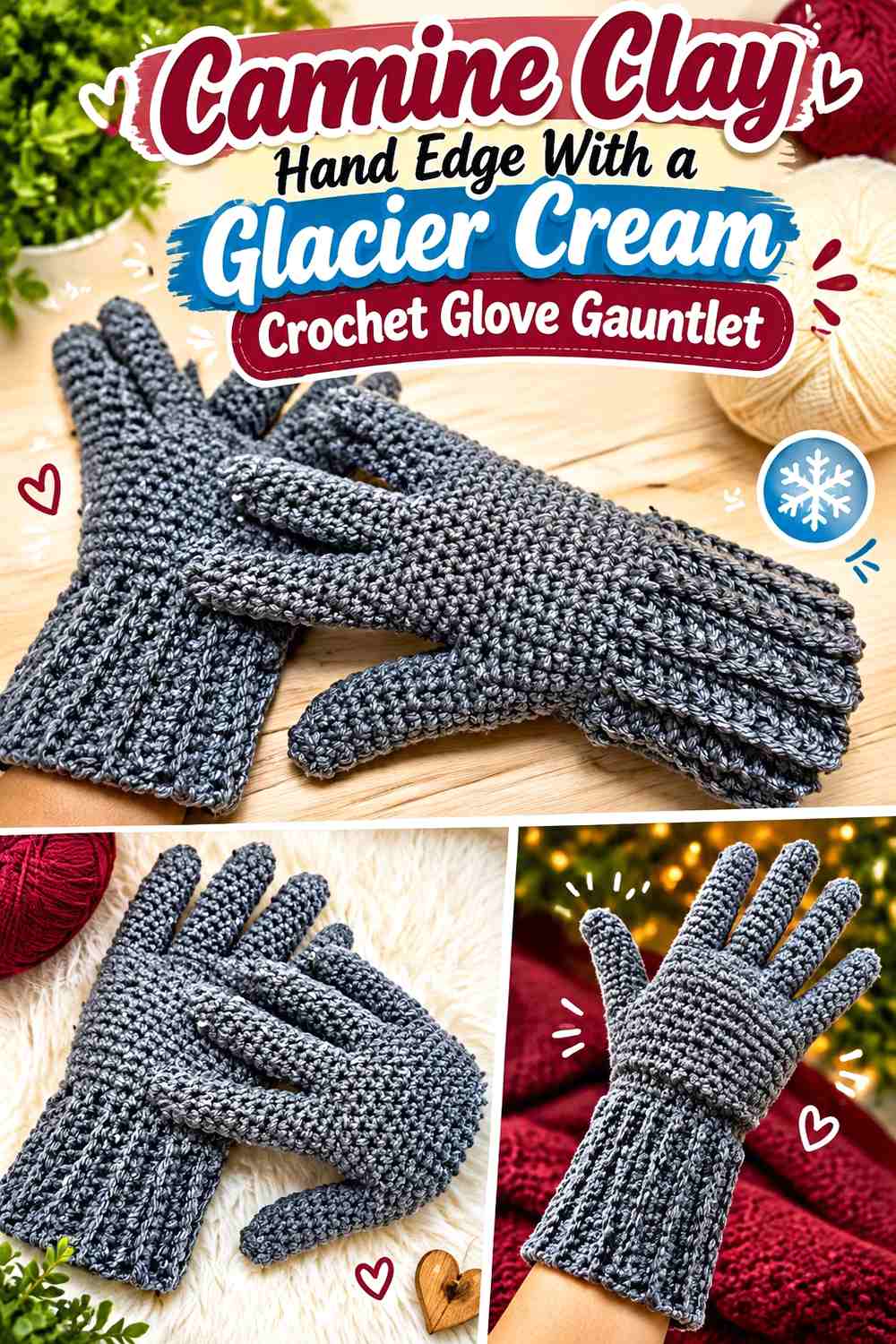 Carmine Clay Hand Edge With a Glacier Cream Crochet Glove Gauntlet
