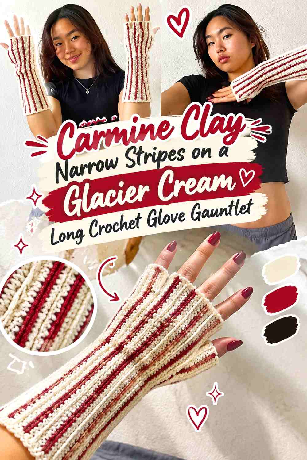Carmine Clay Narrow Stripes on a Glacier Cream Long Crochet Glove Gauntlet