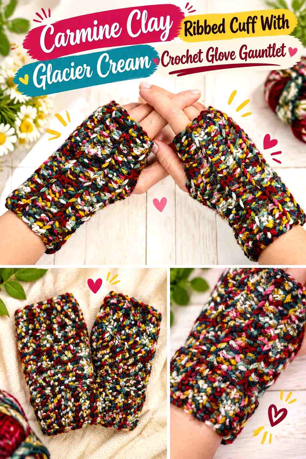 Carmine Clay Ribbed Cuff With Glacier Cream Crochet Glove Gauntlet
