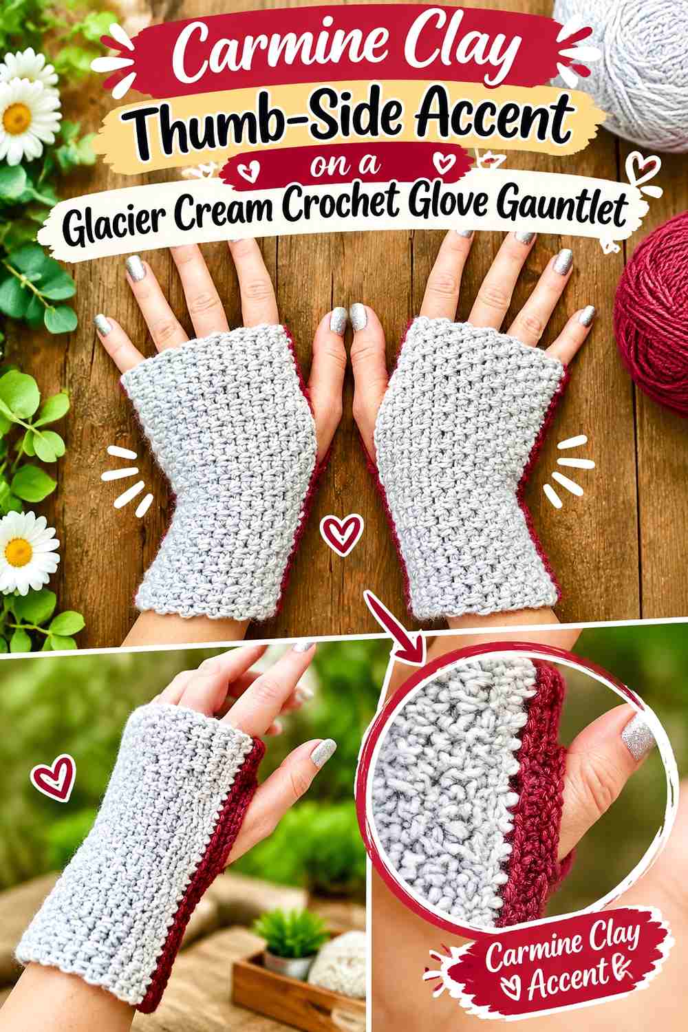 Carmine Clay Thumb-Side Accent on a Glacier Cream Crochet Glove Gauntlet