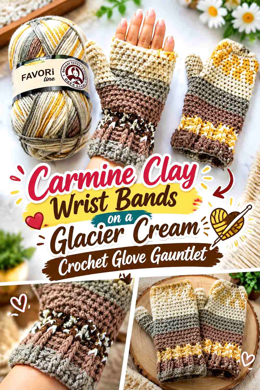Carmine Clay Wrist Bands on a Glacier Cream Crochet Glove Gauntlet