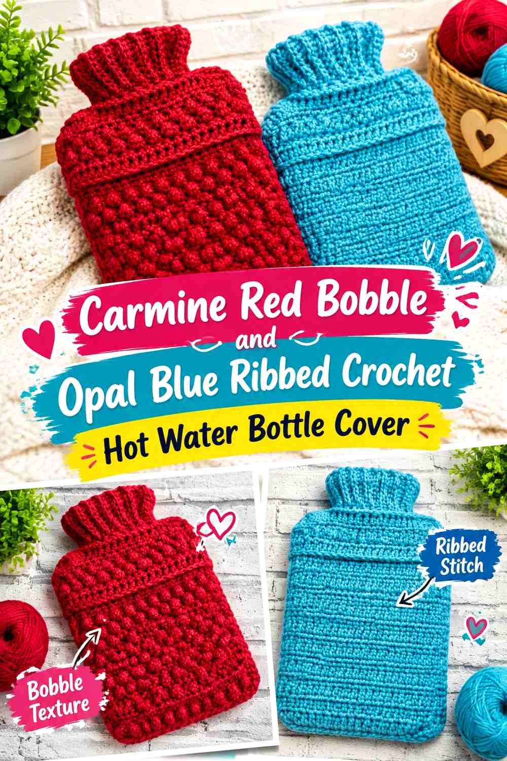 Carmine Red Bobble and Opal Blue Ribbed Crochet Hot Water Bottle Cover