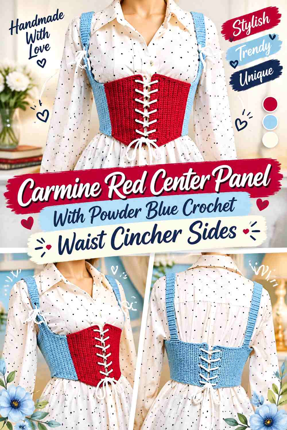 Carmine Red Center Panel With Powder Blue Crochet Waist Cincher Sides