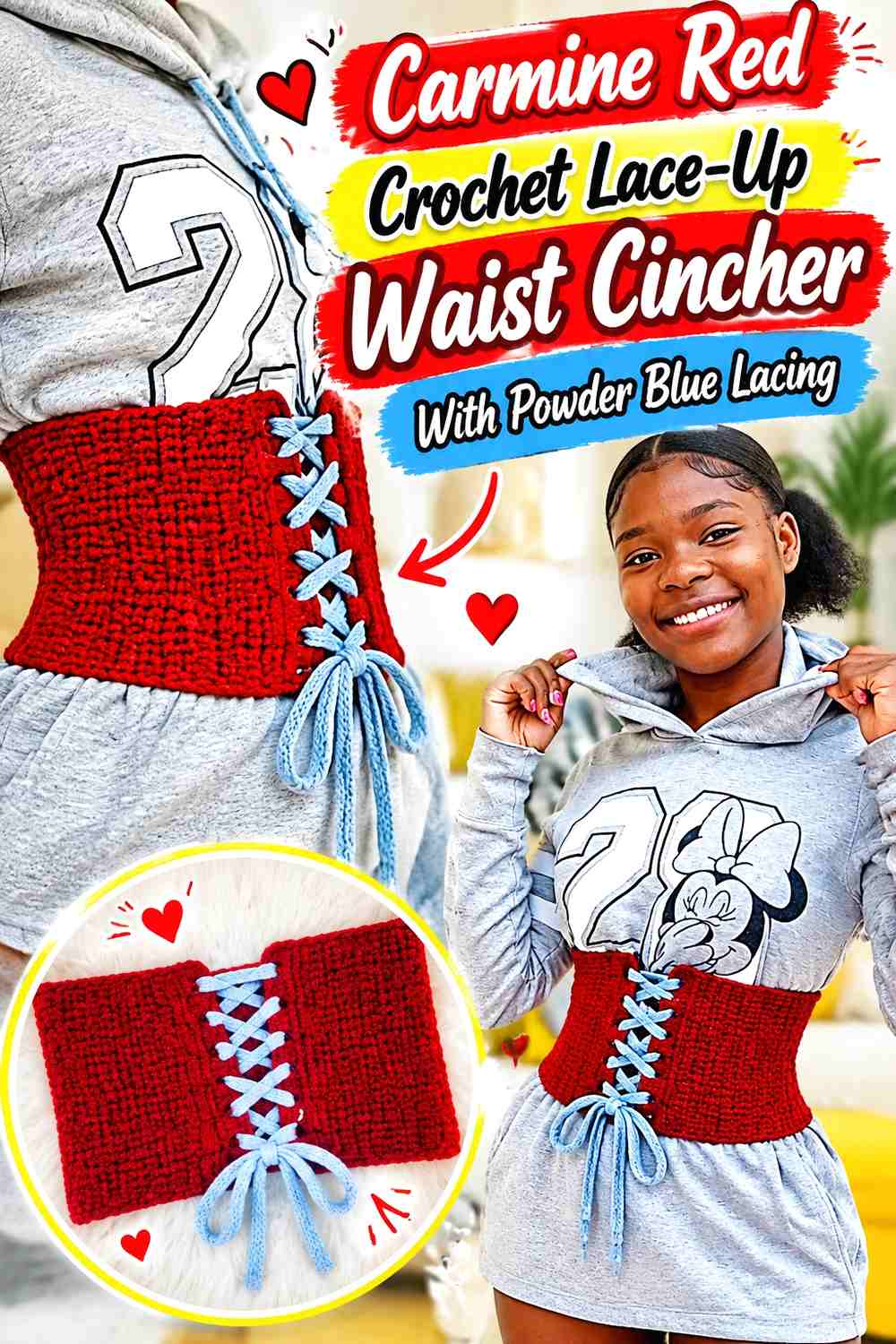 Carmine Red Crochet Lace-Up Waist Cincher With Powder Blue Lacing