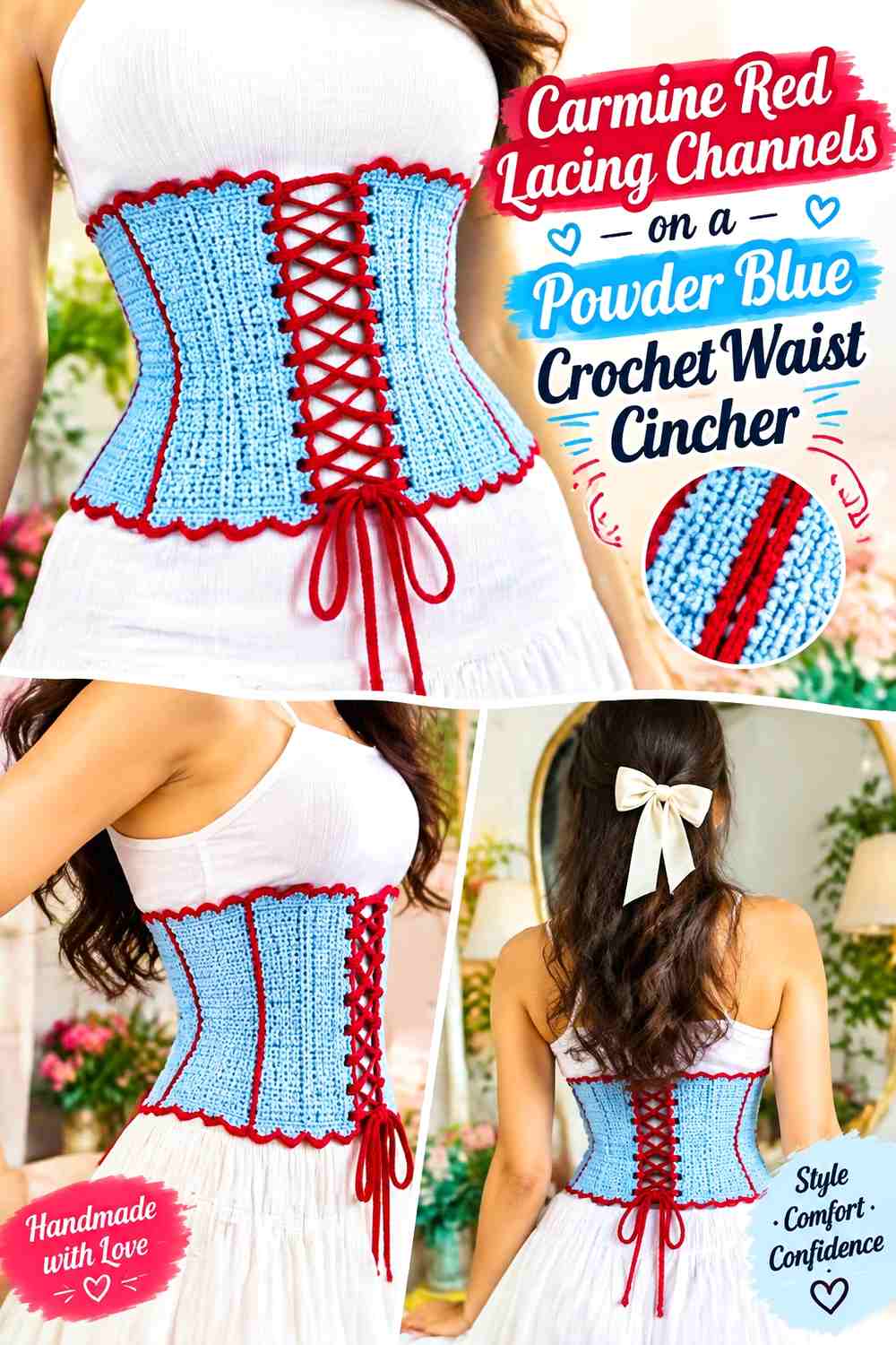 Carmine Red Lacing Channels on a Powder Blue Crochet Waist Cincher
