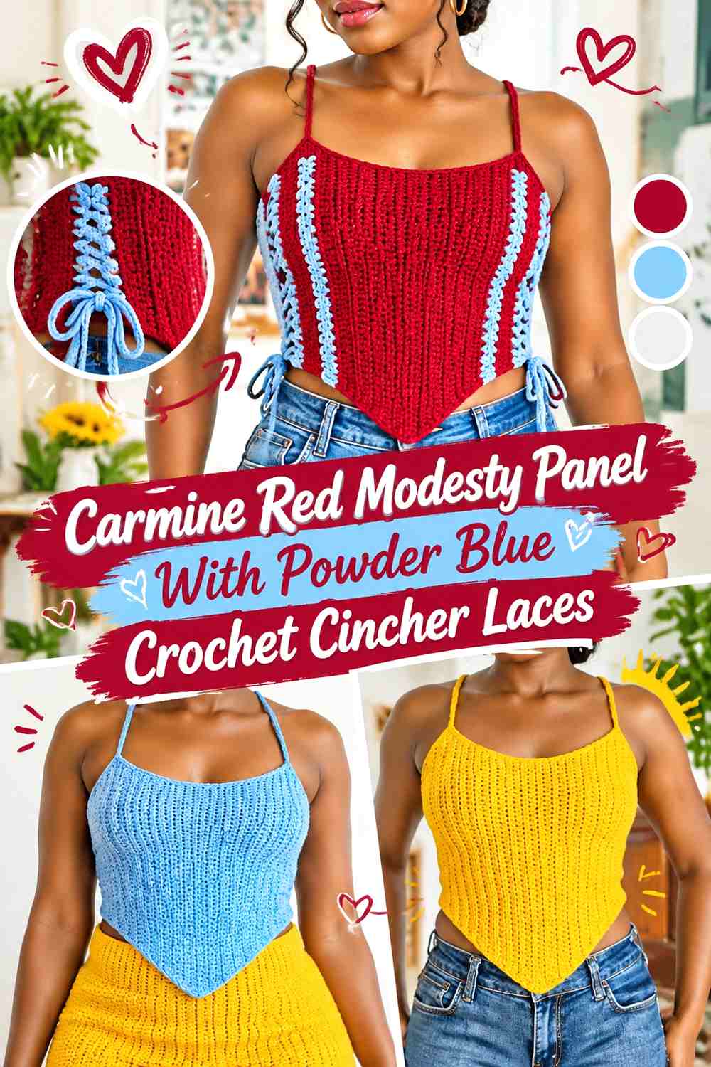 Carmine Red Modesty Panel With Powder Blue Crochet Cincher Laces