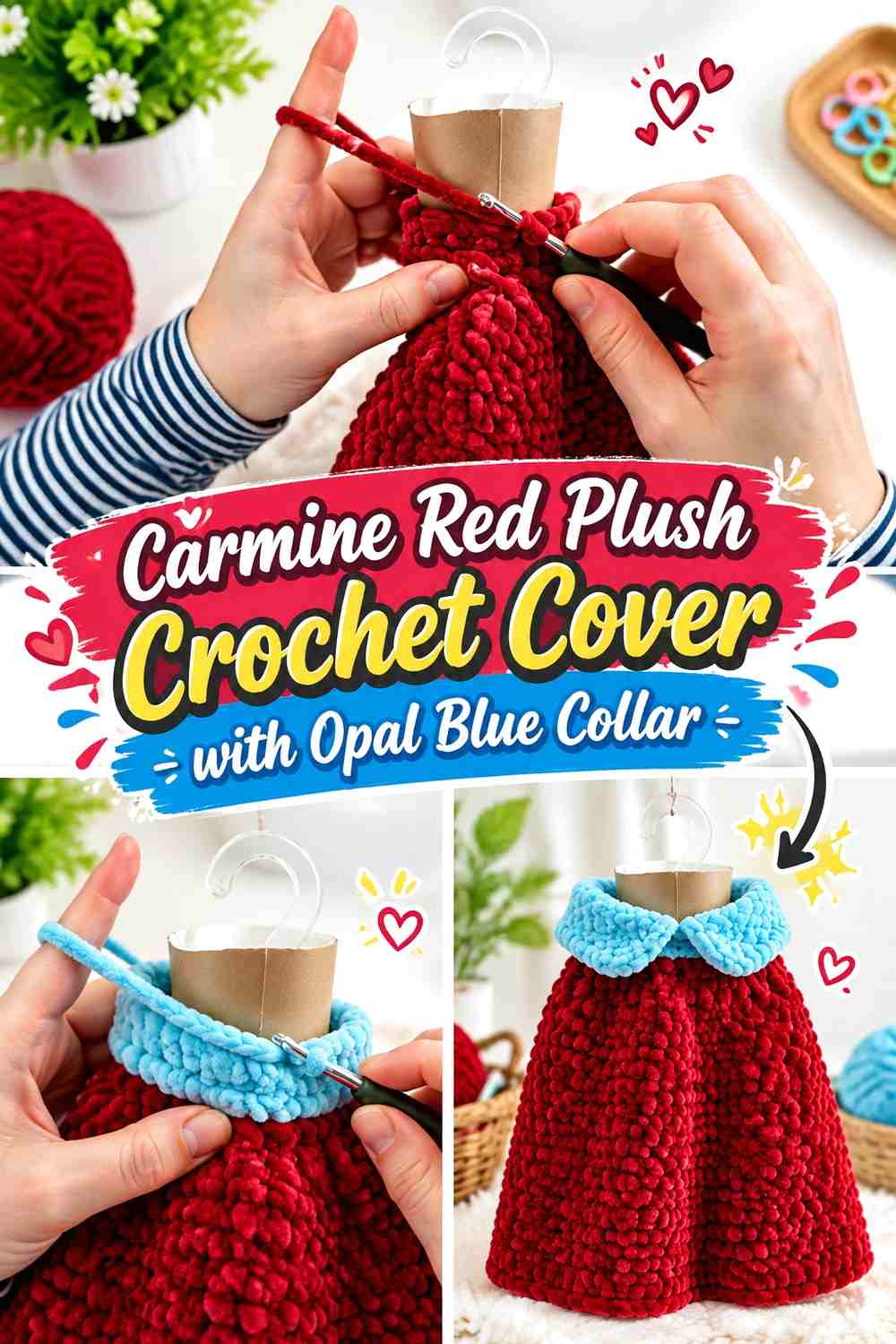 Carmine Red Plush Crochet Cover with Opal Blue Collar