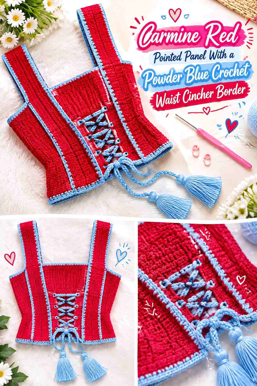 Carmine Red Pointed Panel With a Powder Blue Crochet Waist Cincher Border