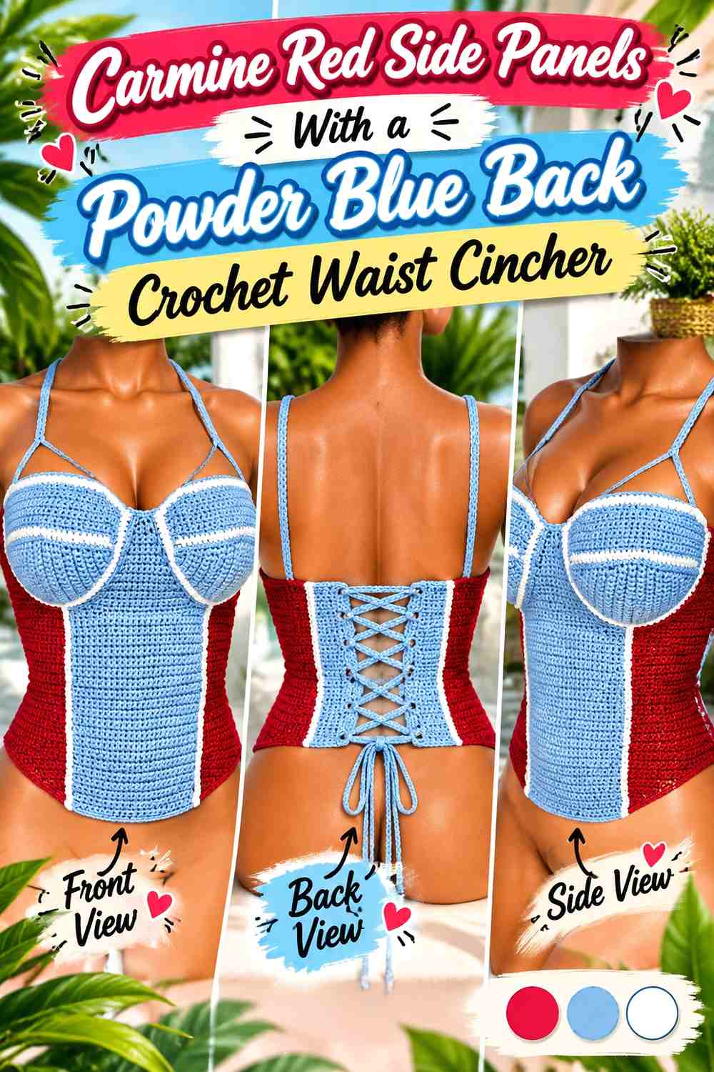 Carmine Red Side Panels With a Powder Blue Back Crochet Waist Cincher