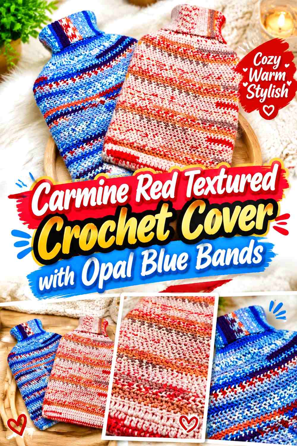 Carmine Red Textured Crochet Cover with Opal Blue Bands
