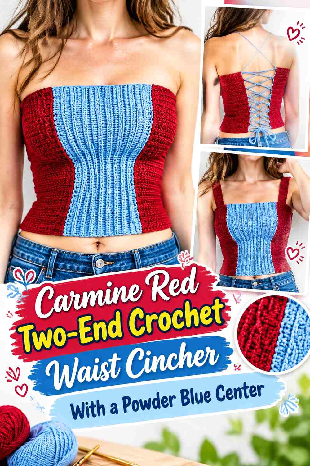 Carmine Red Two-End Crochet Waist Cincher With a Powder Blue Center