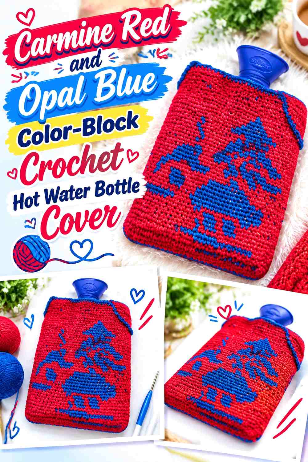 Carmine Red and Opal Blue Color-Block Crochet Hot Water Bottle Cover