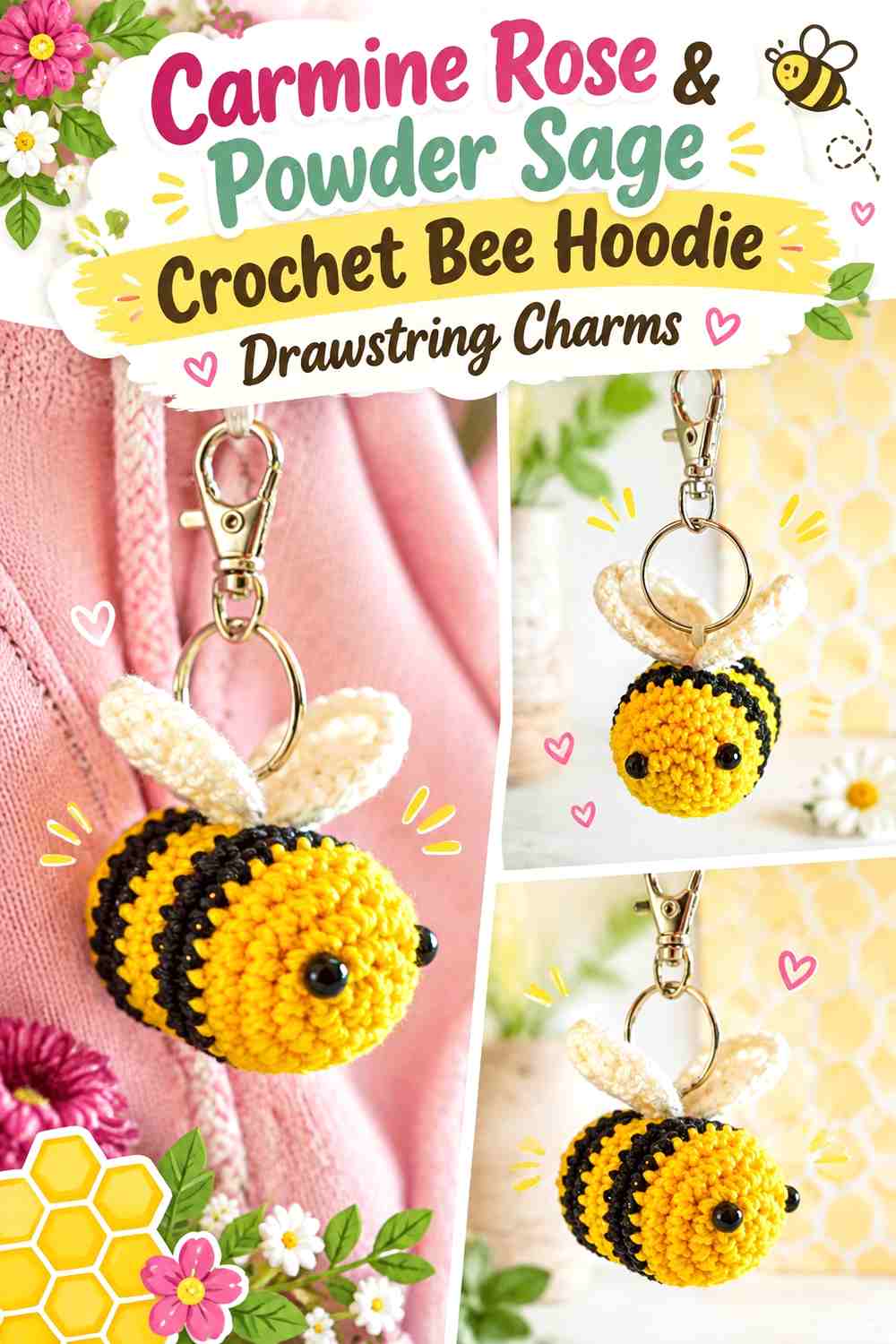 Carmine Rose & Powder Sage Crochet Bee Hoodie Drawstring Charms