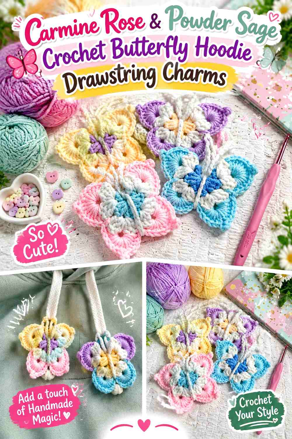 Carmine Rose & Powder Sage Crochet Butterfly Hoodie Drawstring Charms