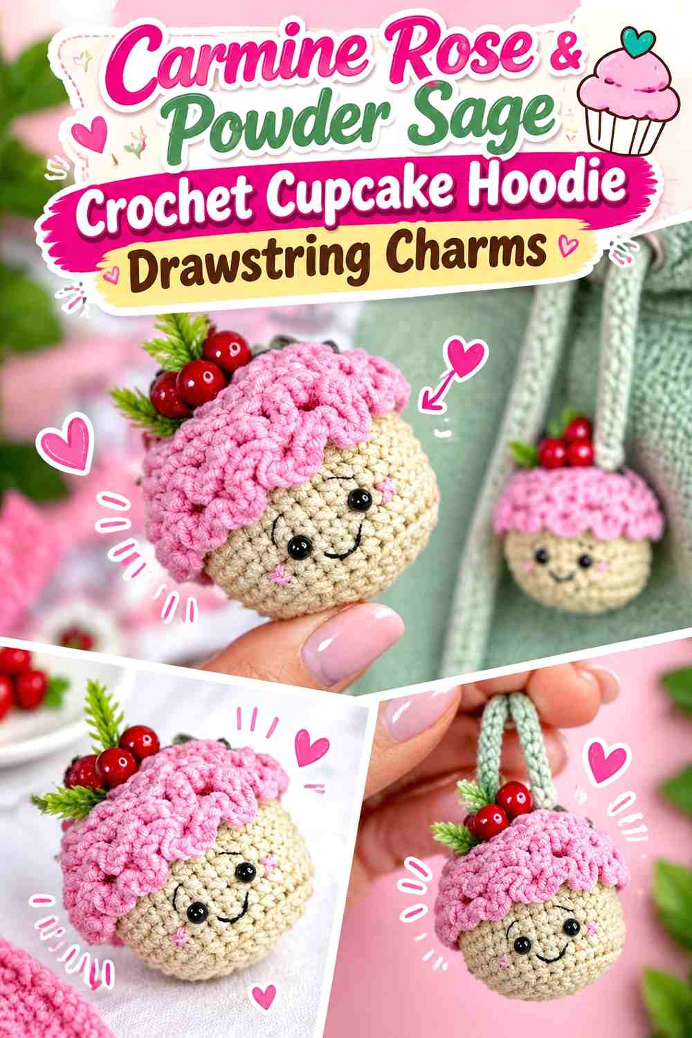 Carmine Rose & Powder Sage Crochet Cupcake Hoodie Drawstring Charms