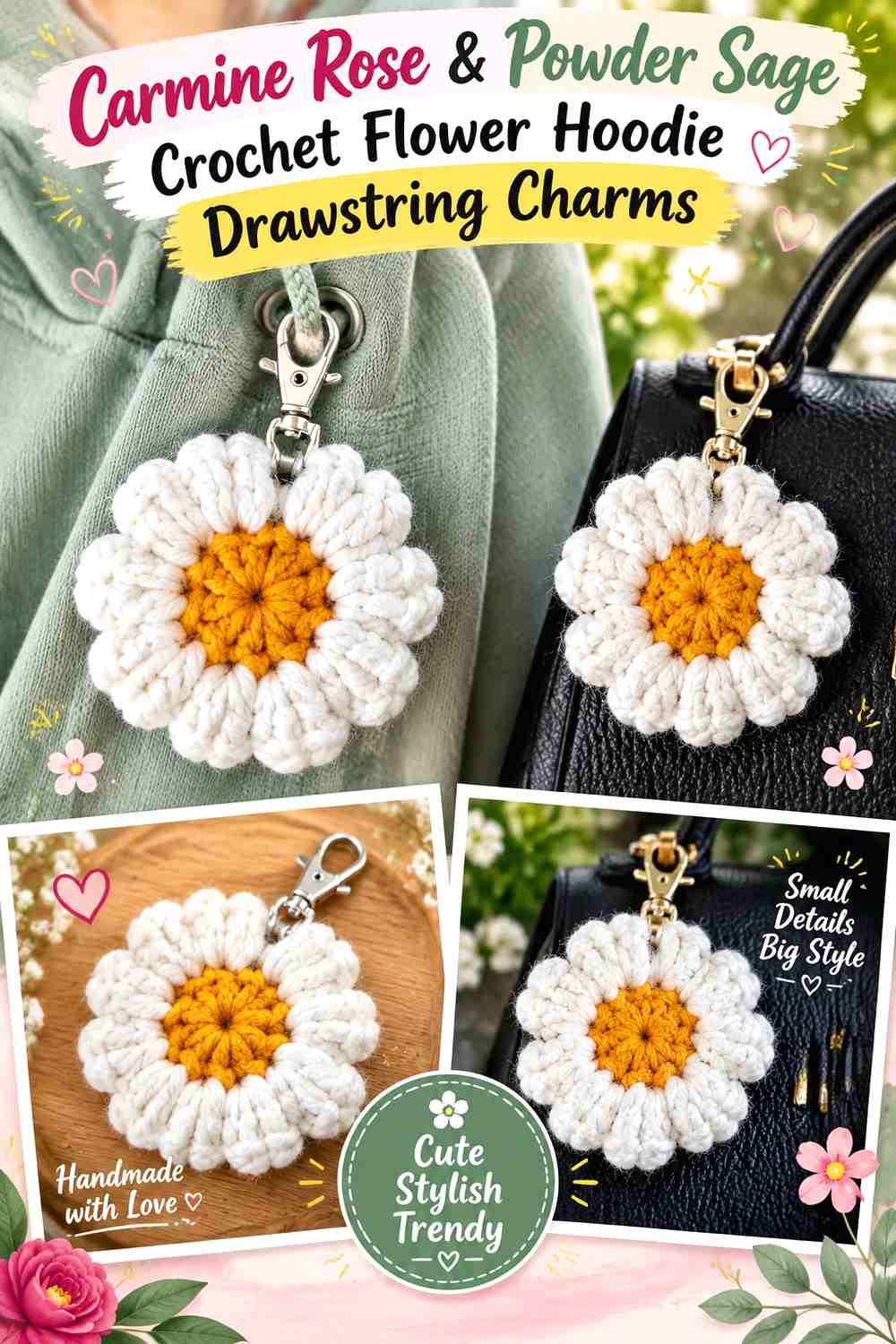 Carmine Rose & Powder Sage Crochet Flower Hoodie Drawstring Charms
