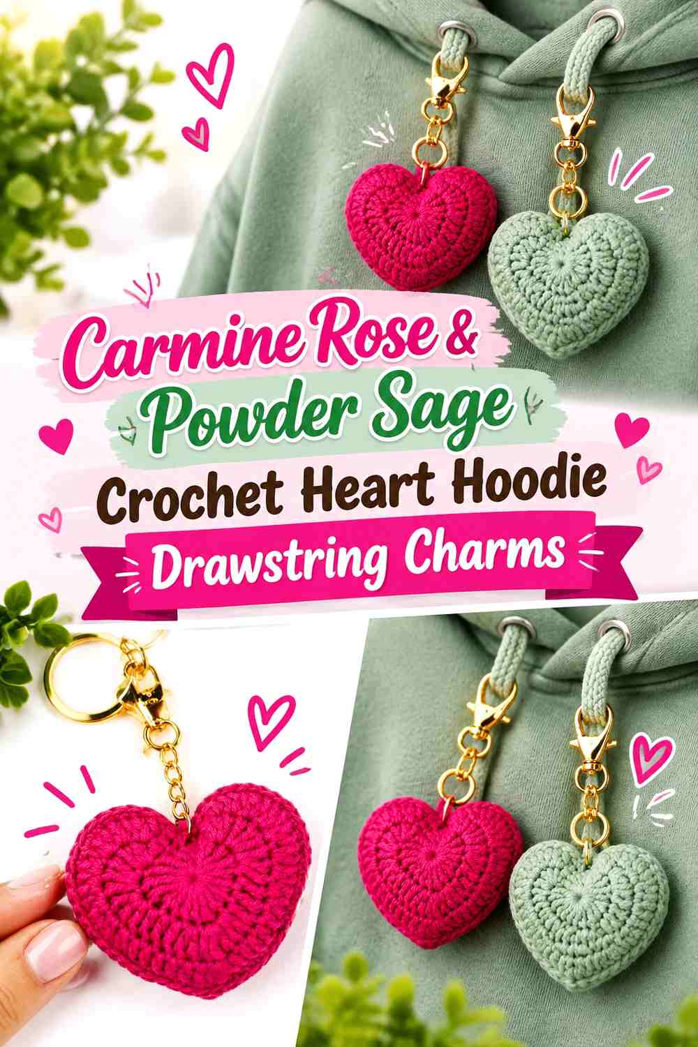 Carmine Rose & Powder Sage Crochet Heart Hoodie Drawstring Charms
