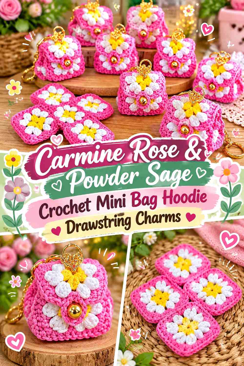 Carmine Rose & Powder Sage Crochet Mini Bag Hoodie Drawstring Charms