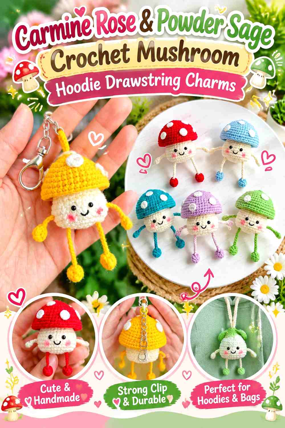 Carmine Rose & Powder Sage Crochet Mushroom Hoodie Drawstring Charms