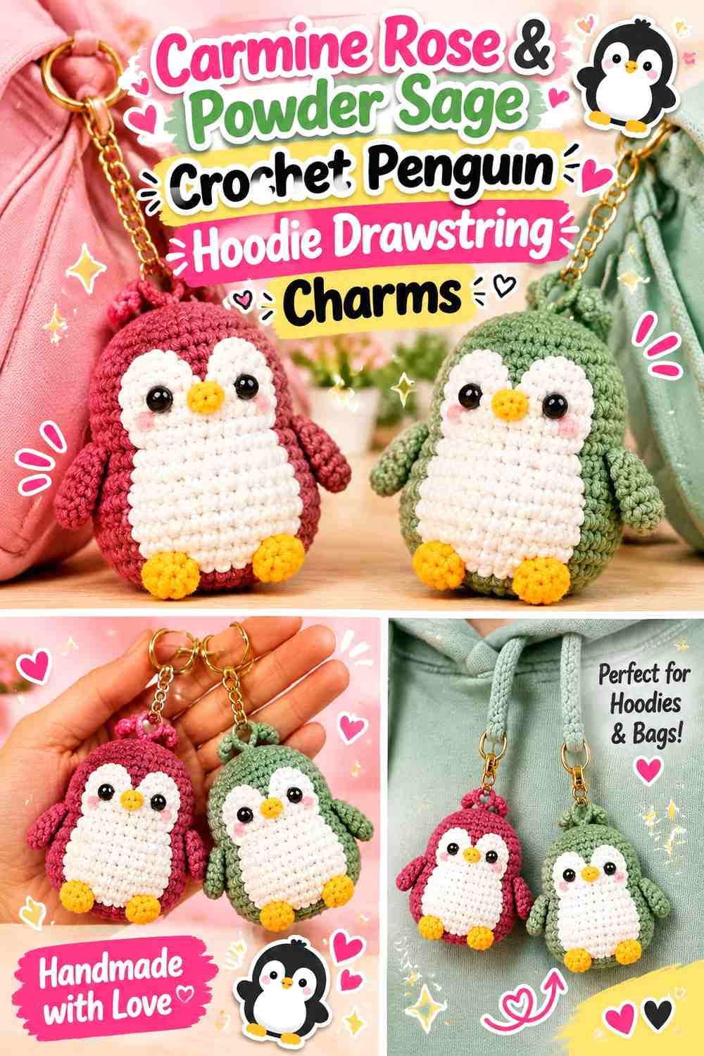 Carmine Rose & Powder Sage Crochet Penguin Hoodie Drawstring Charms