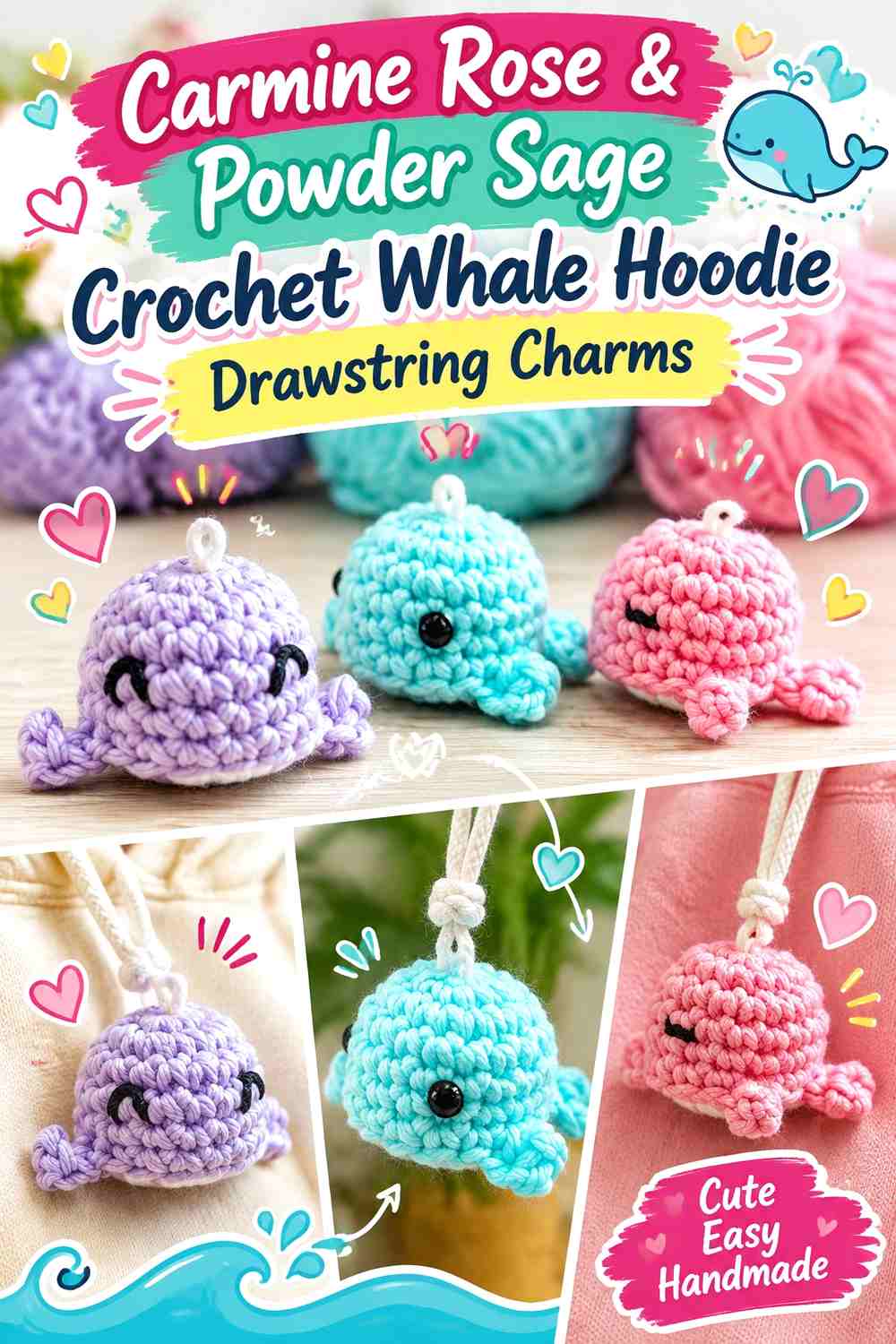Carmine Rose & Powder Sage Crochet Whale Hoodie Drawstring Charms