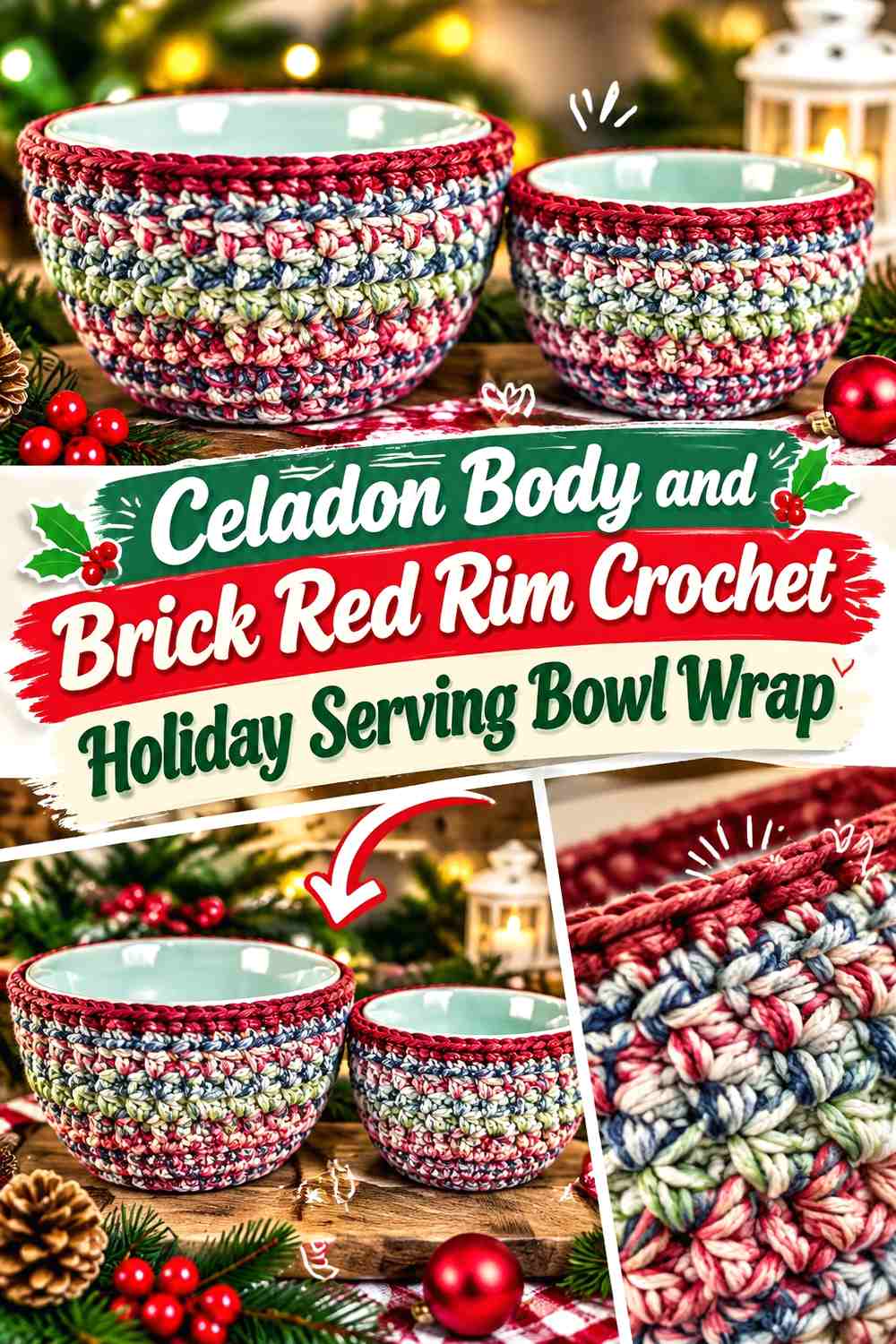 1. Celadon Body And Brick Red Rim Crochet Holiday Serving Bowl Wrap