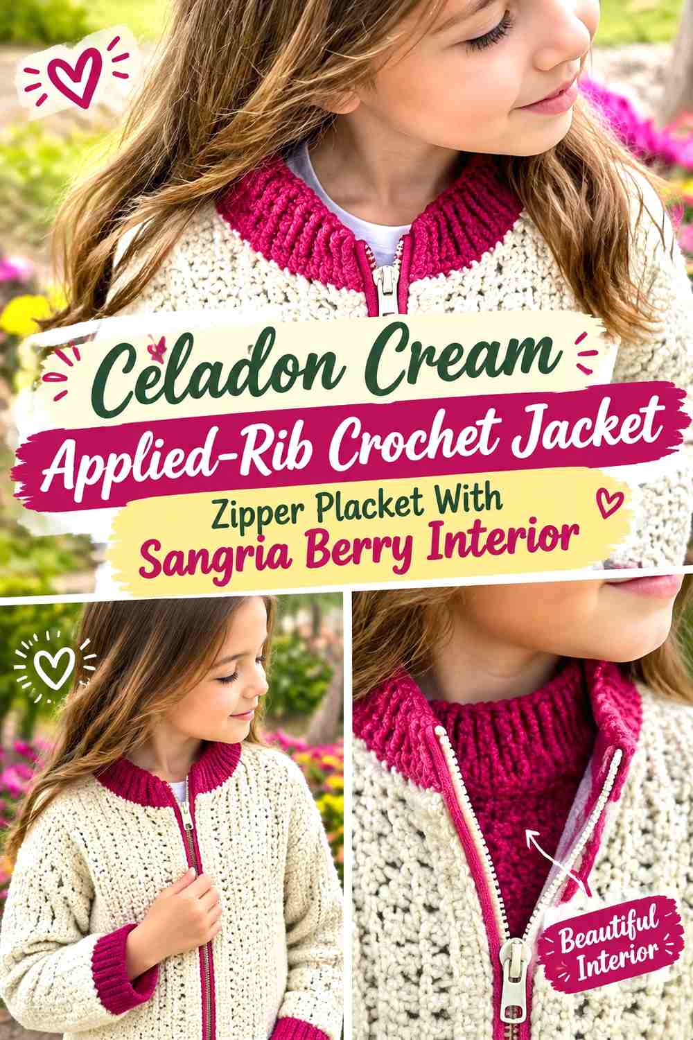 Celadon Cream Applied-Rib Crochet Jacket Zipper Placket With Sangria Berry Interior
