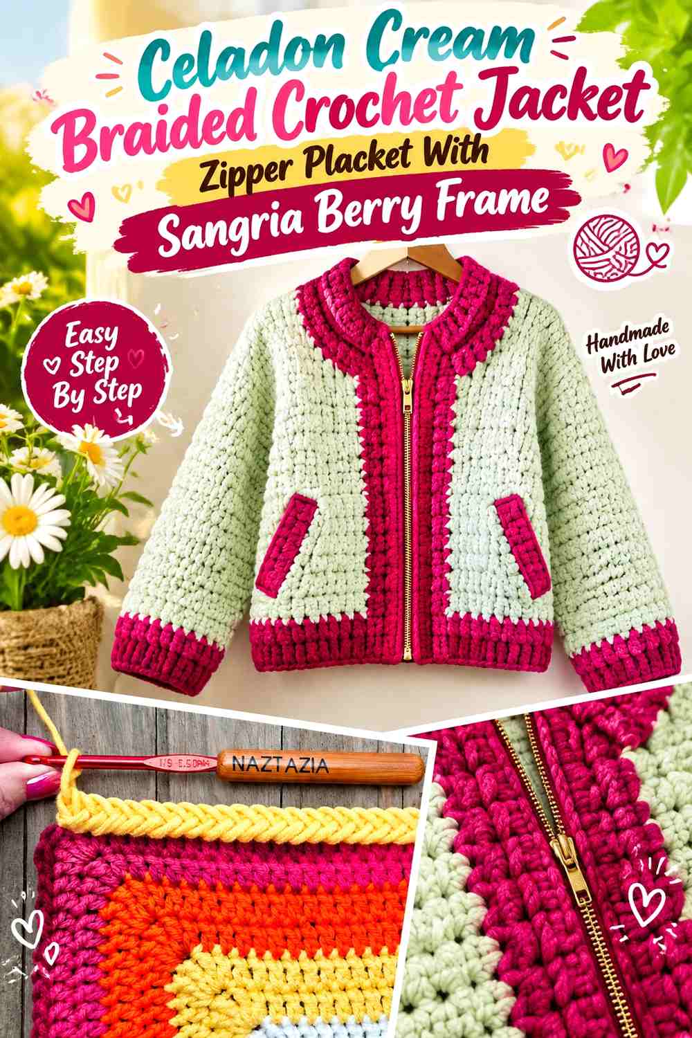 Celadon Cream Braided Crochet Jacket Zipper Placket With Sangria Berry Frame