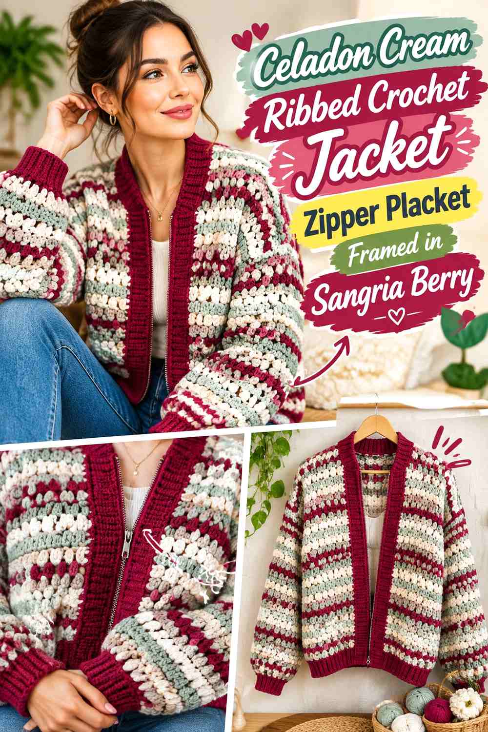 Celadon Cream Ribbed Crochet Jacket Zipper Placket Framed in Sangria Berry