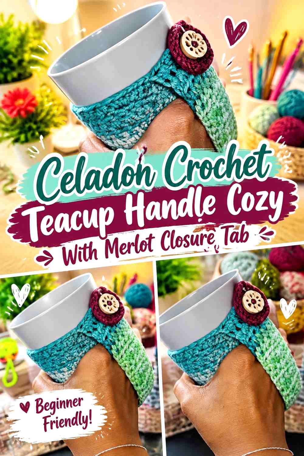1. Celadon Crochet Teacup Handle Cozy With Merlot Closure Tab