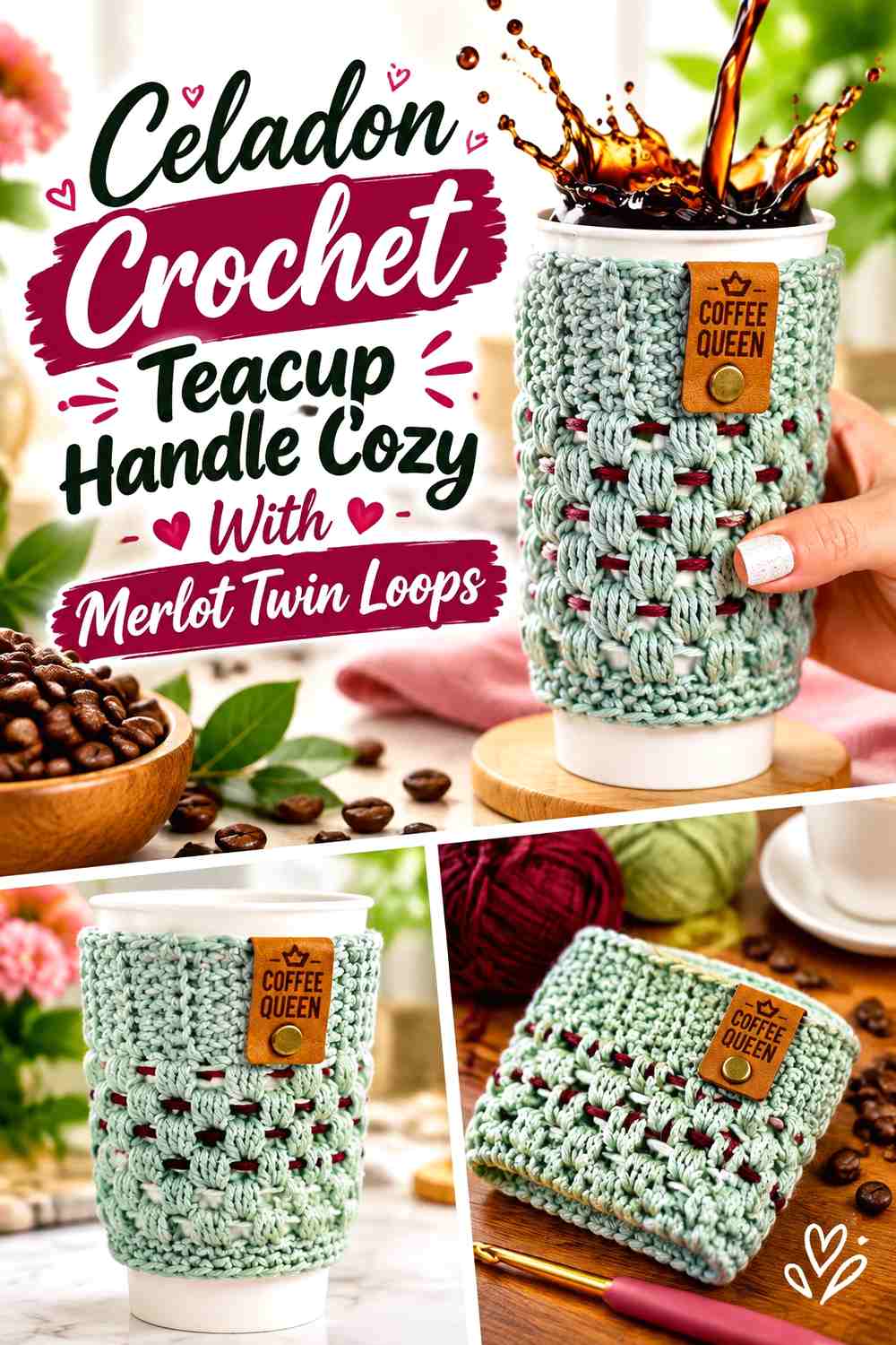 7. Celadon Crochet Teacup Handle Cozy With Merlot Twin Loops