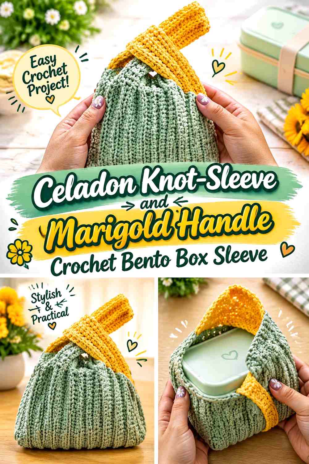 11. Celadon Knot Sleeve And Marigold Handle Crochet Bento Box Sleeve
