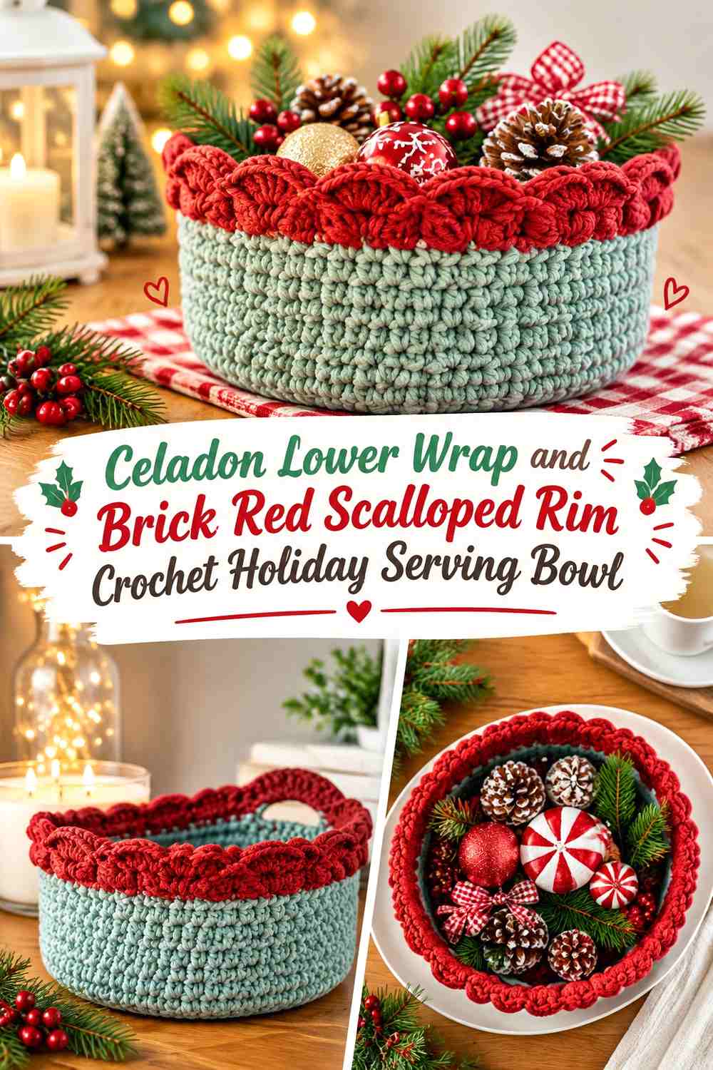 10. Celadon Lower Wrap And Brick Red Scalloped Rim Crochet Holiday Serving Bowl