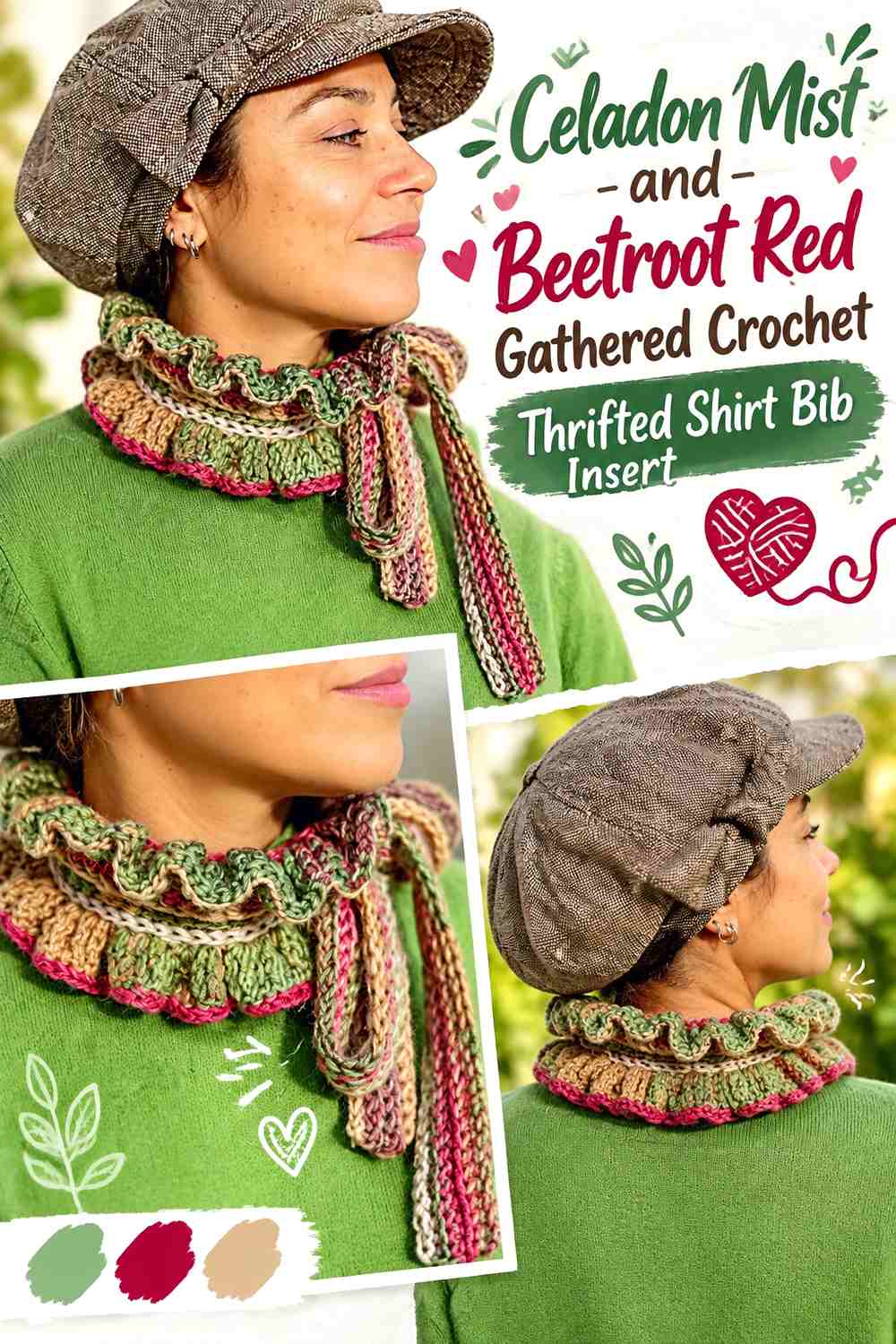 Celadon Mist and Beetroot Red Gathered Crochet Thrifted Shirt Bib Insert