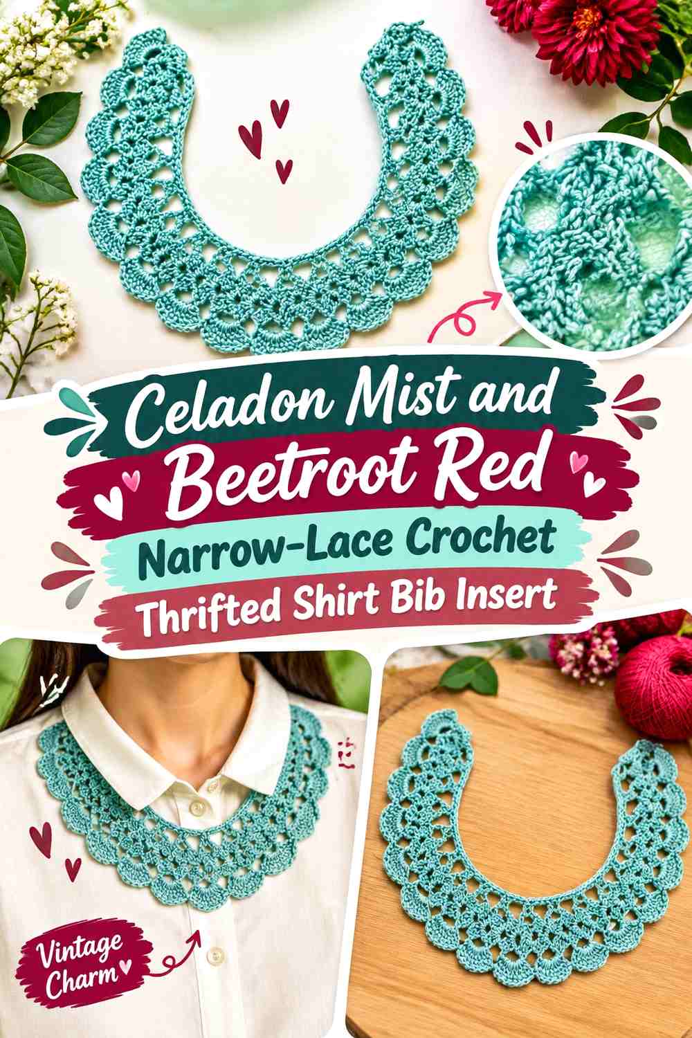 Celadon Mist and Beetroot Red Narrow-Lace Crochet Thrifted Shirt Bib Insert